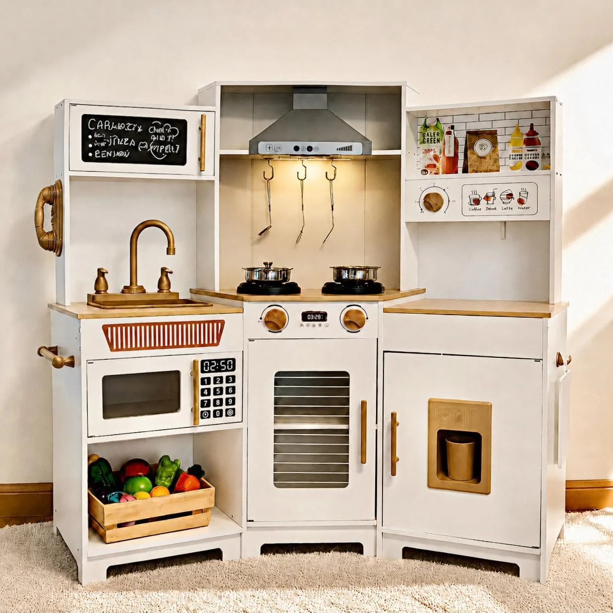 YUG Heavy-Duty Wooden Play Kitchen Set with Real Lights & Sounds, Compliant Premium Corner Pretend Kitchen Toy Including Stove, Oven, Ice Maker, Range Hood, for Kids Ages 3+, ASTM CPSIA Compliant
