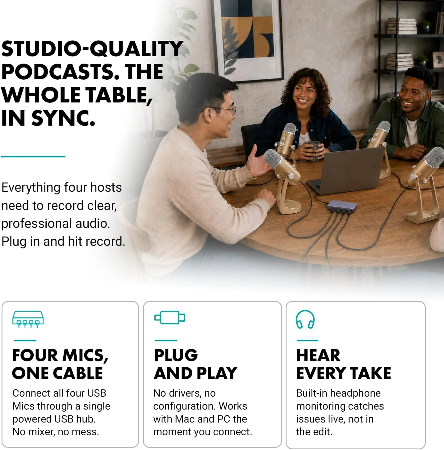Movo 4-Person USB Podcast Bundle – 4 Condenser Mics, Hub & Case (Rose Gold)