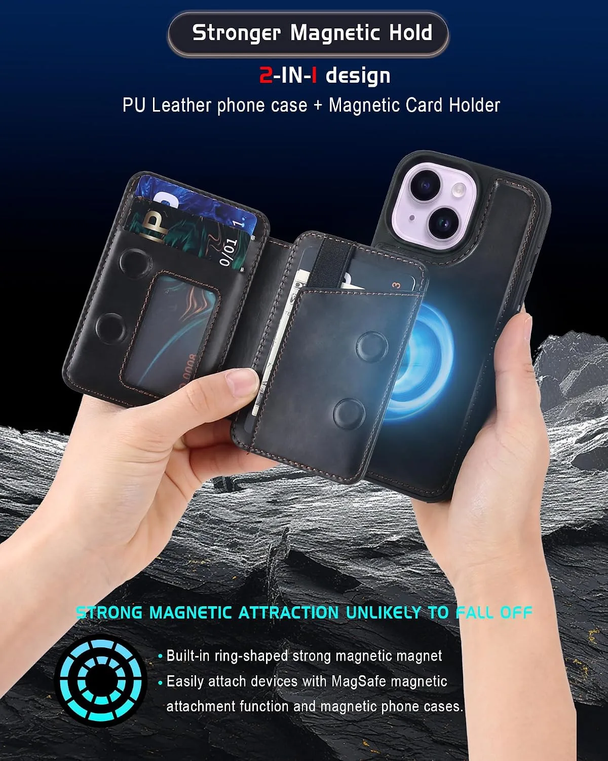 Magnetic Detachable Wallet Case for iPhone 15 with Kickstand,2-in-1 MagSafe Compatible RFID Blocking Card Holder,Slim PU Leather Cover Black