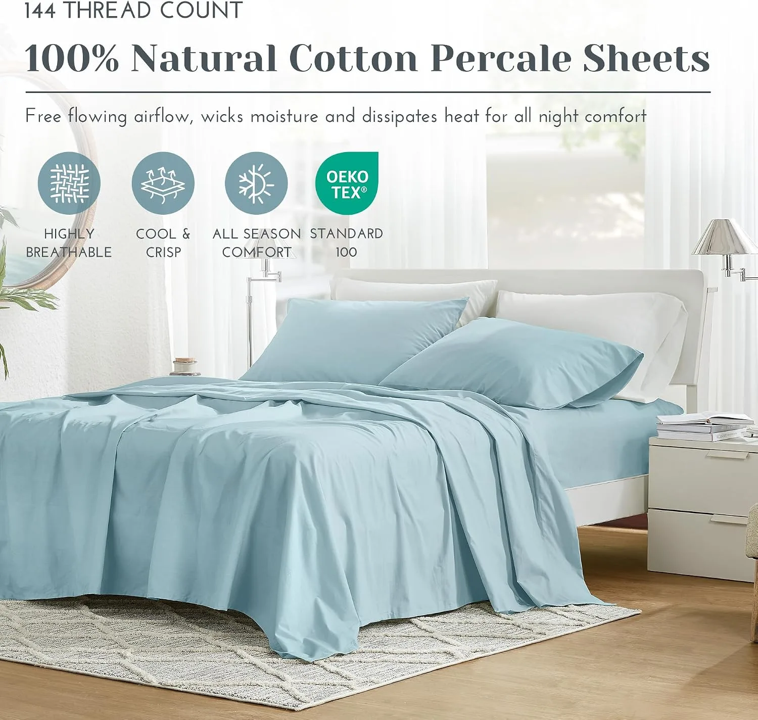 Comfort Spaces 100% Cotton Percale Sheets Queen Sheet Set 4 Pcs, Light Blue