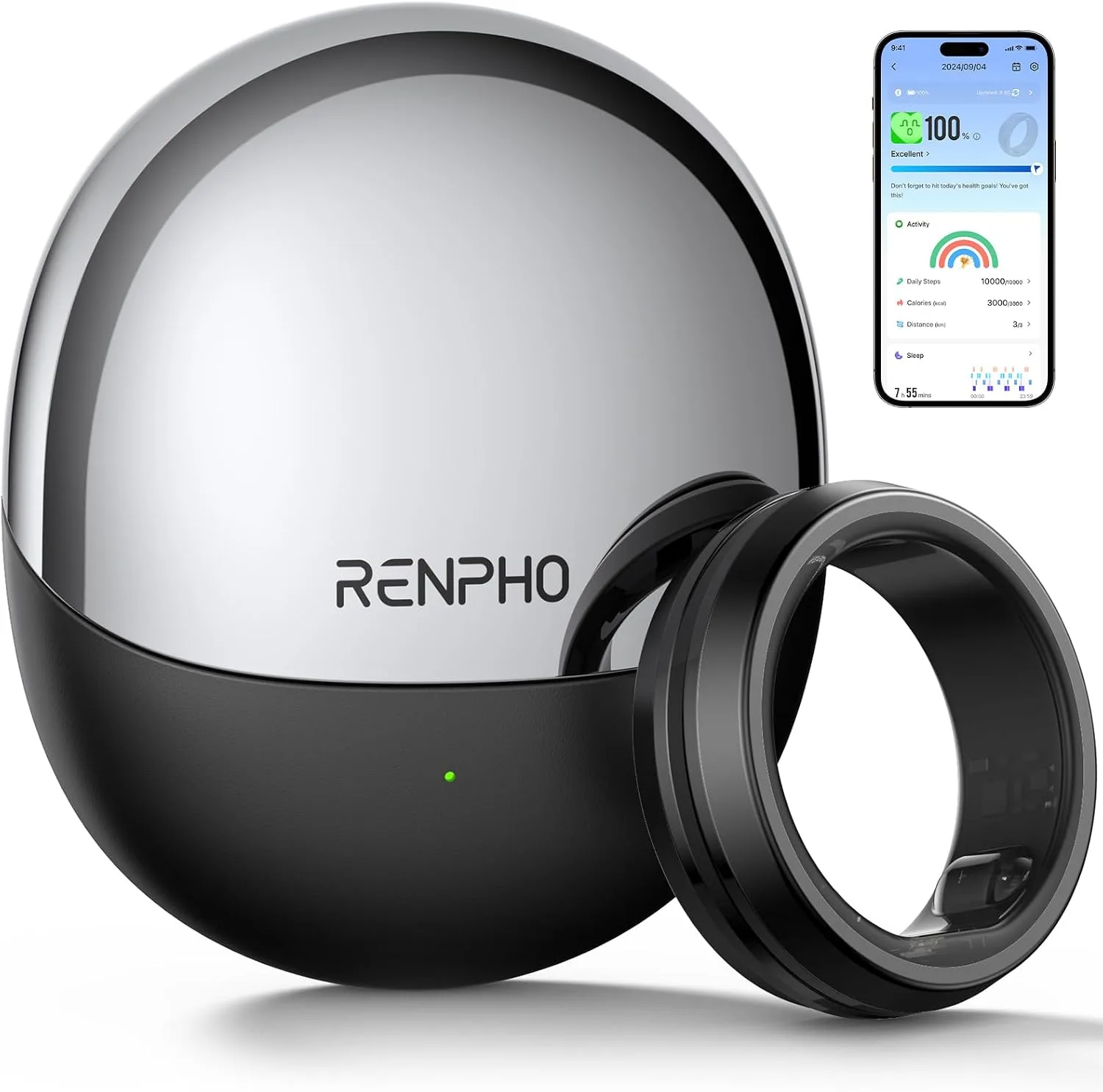 RENPHO Lynx Smart Ring, Subscription-Free App, Black, Size 10