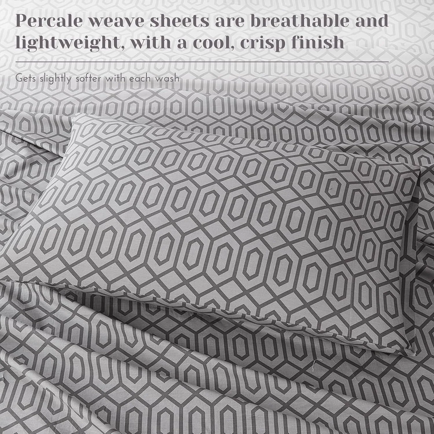 Comfort Spaces 100% Cotton Percale Sheets Queen Size 4 Pcs, Diamond Sliver