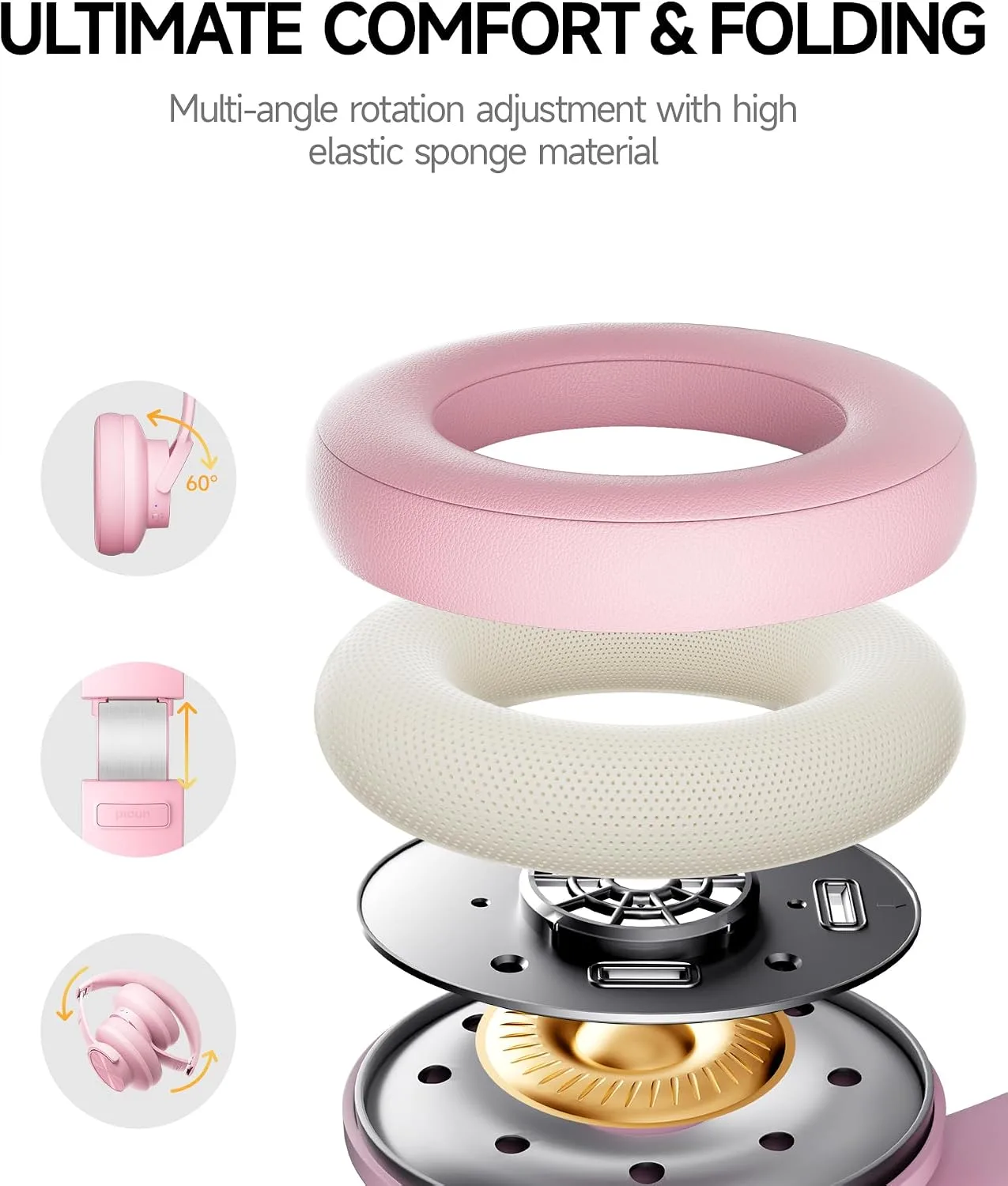 Picun B8 Wireless Bluetooth Headphones, 120H Playtime, 3EQ Modes, Pink
