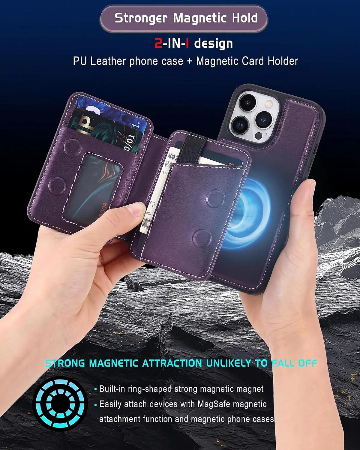 Magnetic Detachable Wallet Case for iPhone 16 Pro Max with Kickstand,2-in-1 MagSafe Compatible RFID Blocking Card Holder,Slim PU Leather Cover Purple