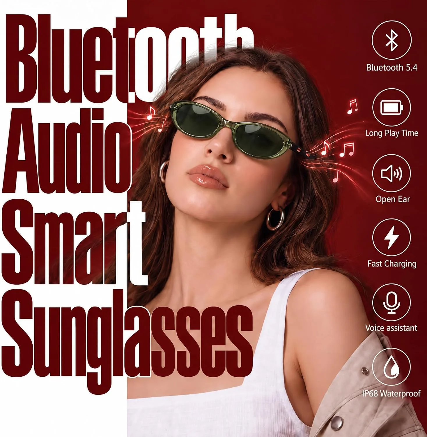 Bluetooth Audio Smart Glasses for Women Men, Polarized Bluetooth Sunglasses with Open Ear Speaker, Voice Control, Magnetic Charging, Green