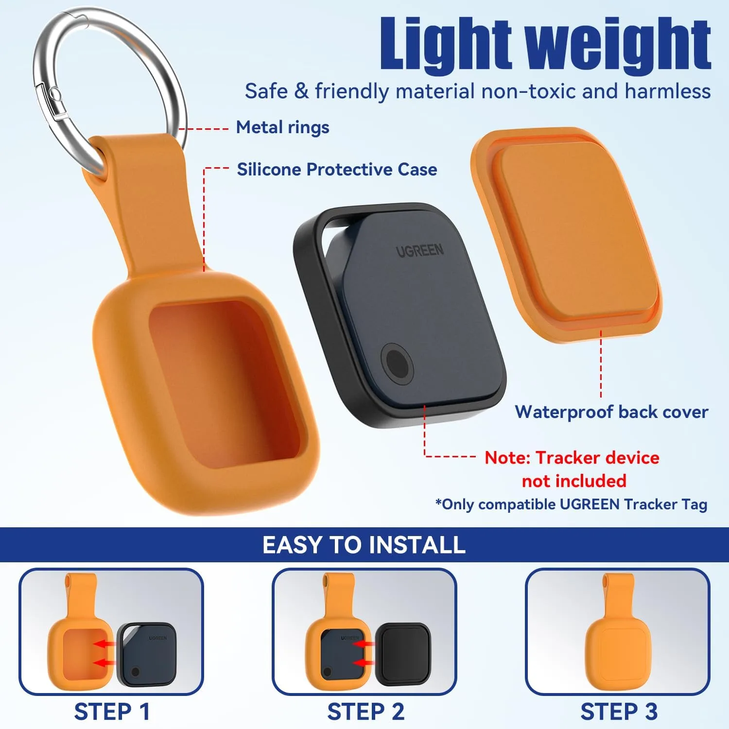 4-Pack Waterproof Silicone Cases for UGREEN Tracker Tags (iOS Only) Holders with Key Rings, Full-Cover Shockproof and Scratch-Resistant for Keys, Bags, Luggage and Pet Collars, Black/Blue/Orange/Green