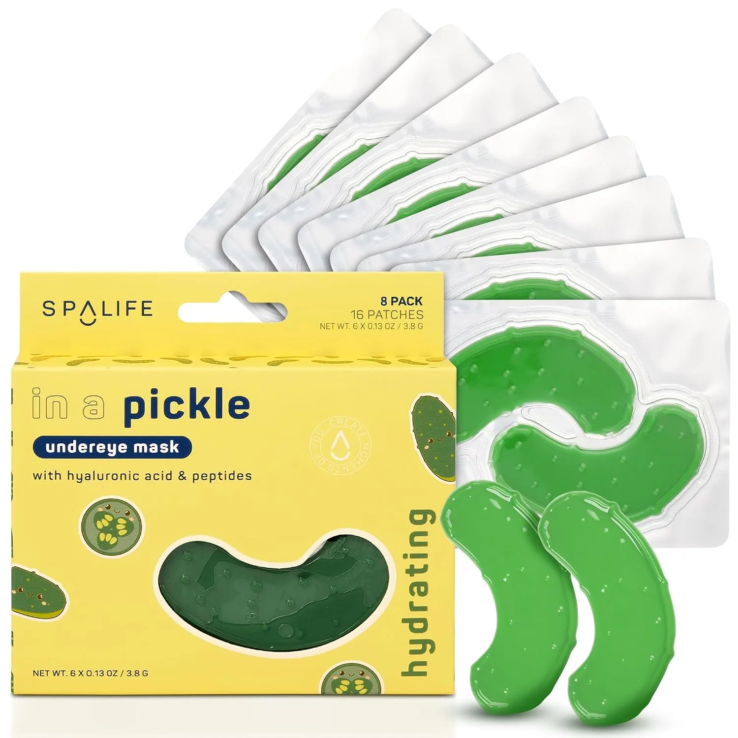 SpaLife In a Pickle Hydrogel Under Eye Patches for Dark Circles | Pickle Gifts for Women | Hydrating Undereye Masks for Bags and Puffiness | Pack of 8 Pairs (8 Undereye Treatments)