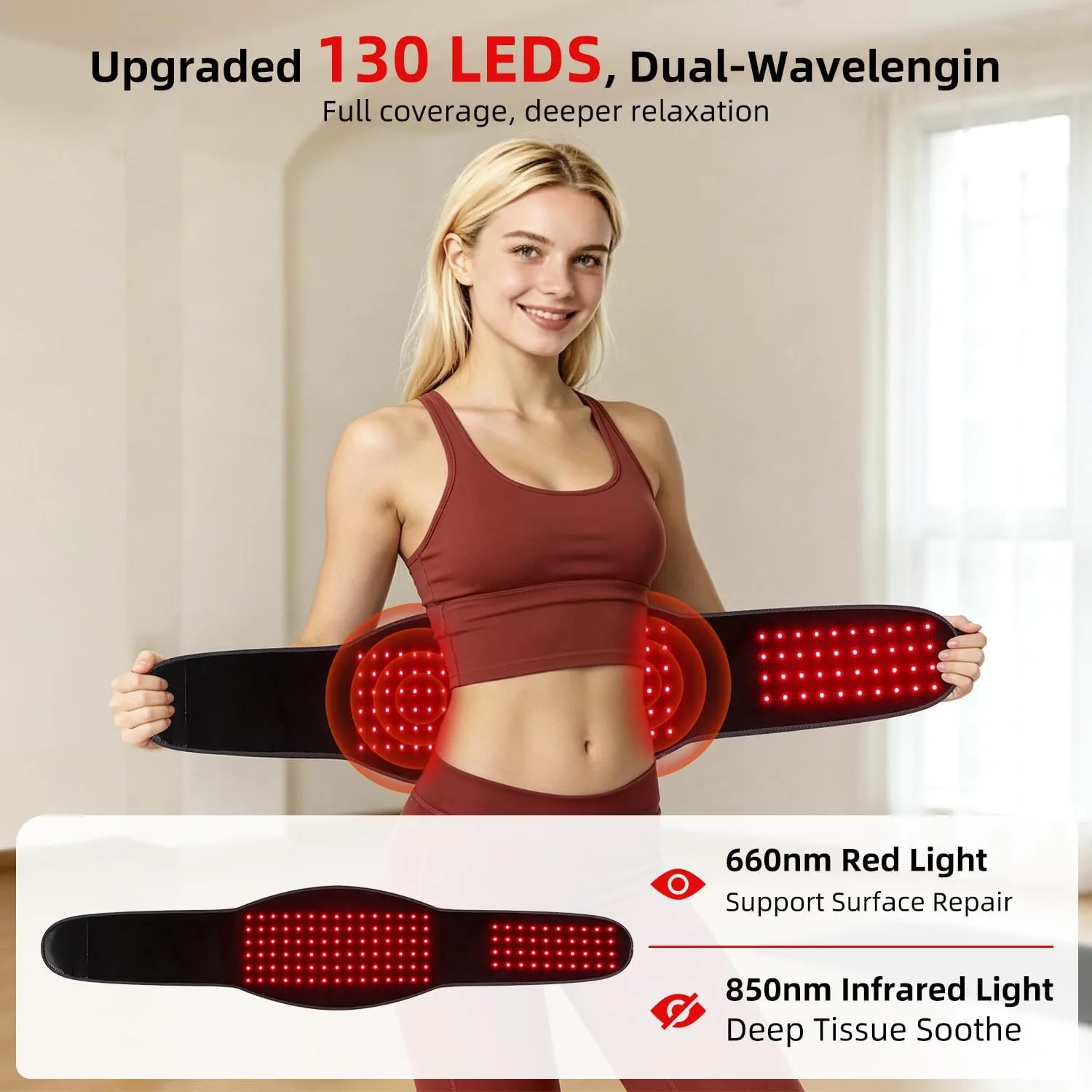 Red Light Therapy Belt for Body, Cordless Warmth & Massage, 660nm & 850nm