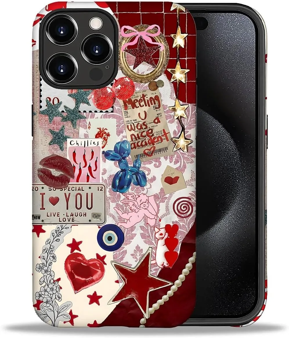 DAIZAG Case for iPhone 16 Pro Max,Mixed 2 Layer Design Shockproof Soft TPU Ddouble Protection Phone Case for iPhone 16 Pro Max-Conch Red Pearl Collage