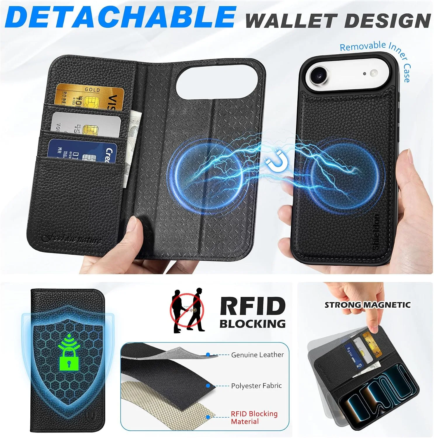 SHIELDON 2 in 1 Real Leather Case Wallet for iPhone Air 6.5", Pebbled Black