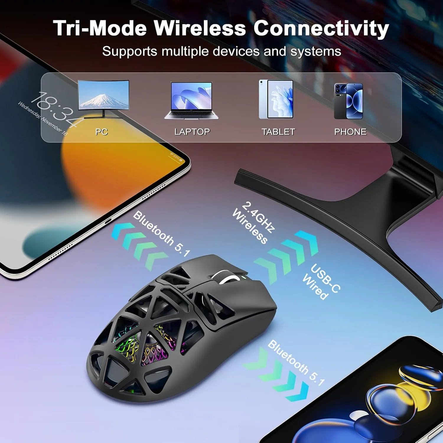 G11 Lightweight Wireless Gaming Mouse for FPS & Competitive Gaming, Tri-Mode Bluetooth 5.1/2.4GHz/USB-C, 22000 DPI RGB Mouse with Programmable Buttons for PC, Laptop & Mac (Black)