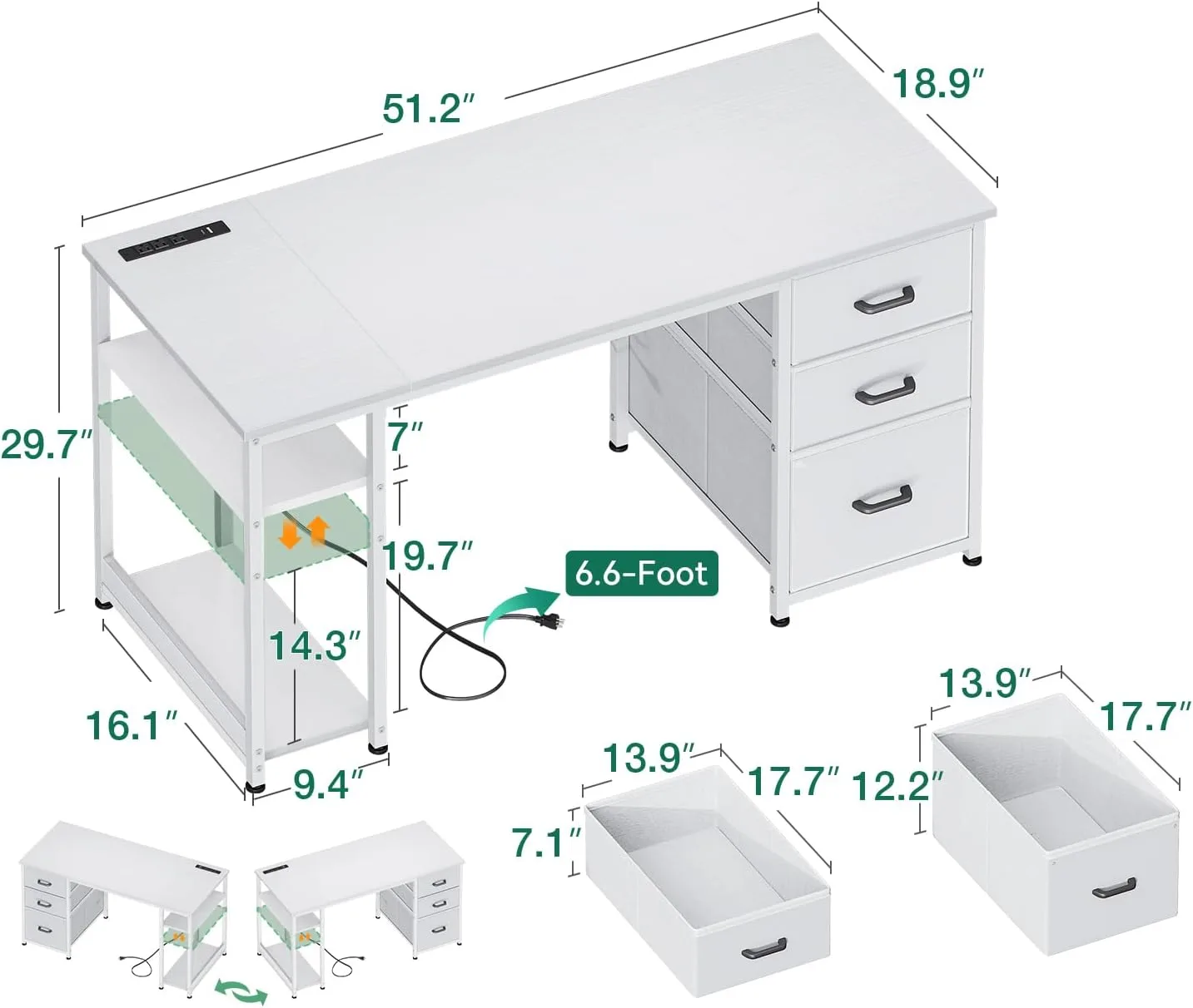AODK 51 Inch White Computer Desk with Drawers & USB Power Outlets