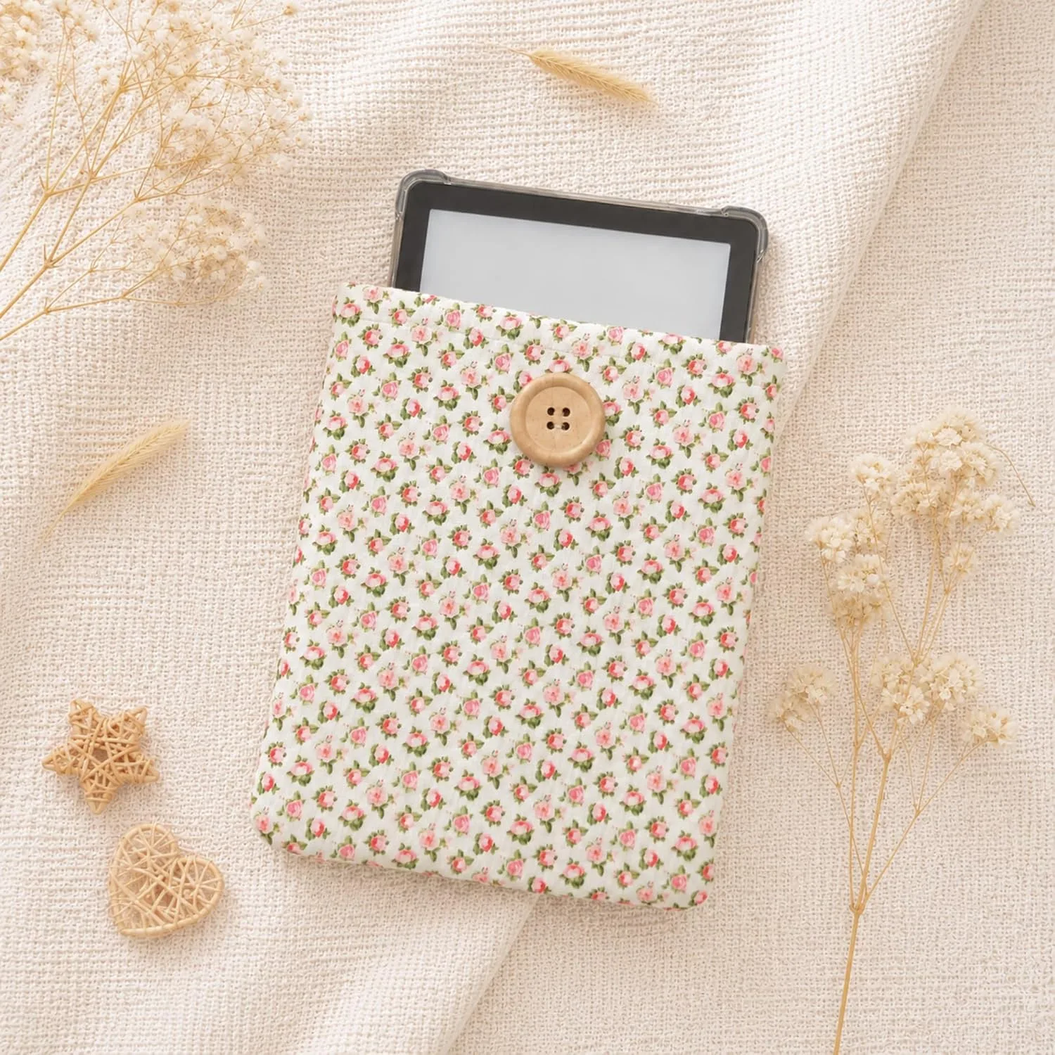 Floral Daisy Kindle Sleeve - Compatible with Paperwhite/Basic (6''), Paperwhite (6.8''), Signature (6.8'') - Cotton Padded E-Reader Cover (Pink Roses)