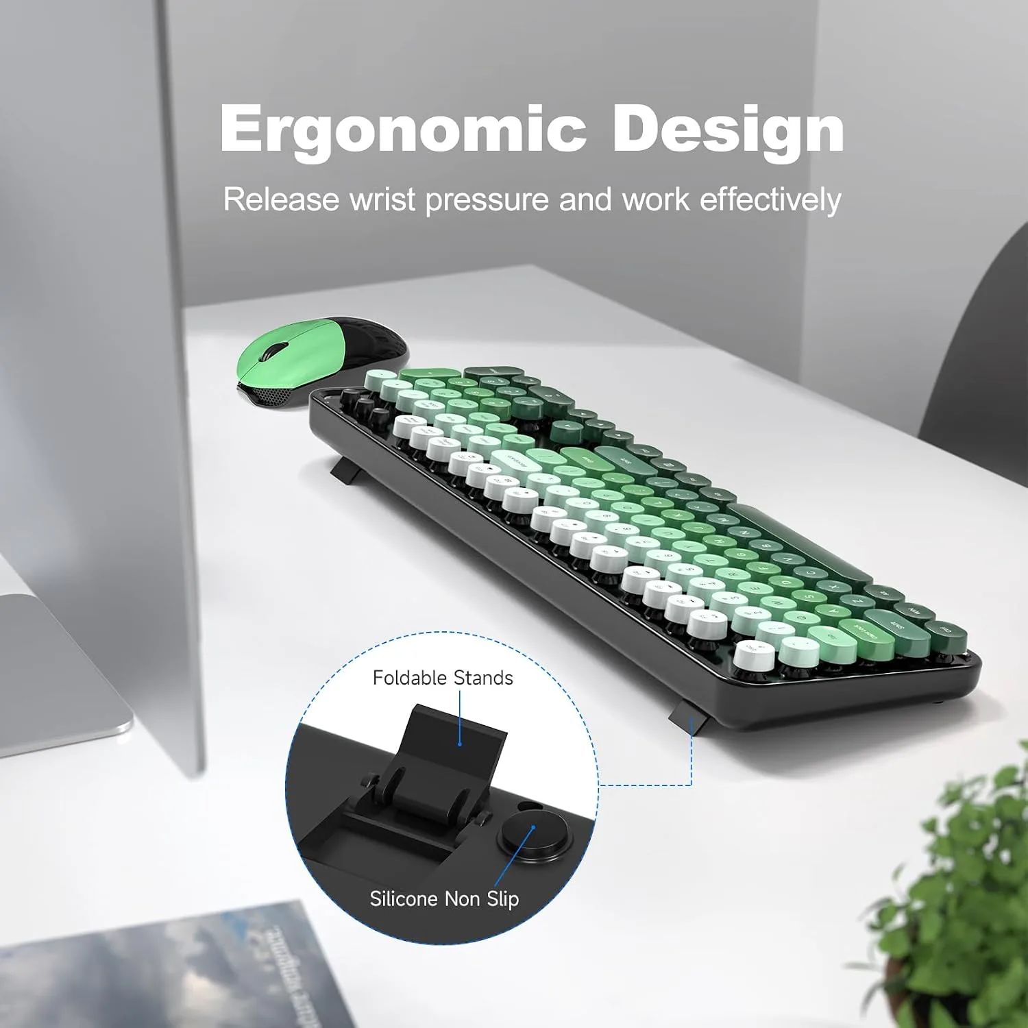 MOFII Wireless Keyboard and Mouse Combo, Full Size 2.4G Plug and Play Typewriter Retro Round Computer Keyboard and Mouse Set for Windows, Computer, Desktop, PC, Notebook - (Black Green Gradient)