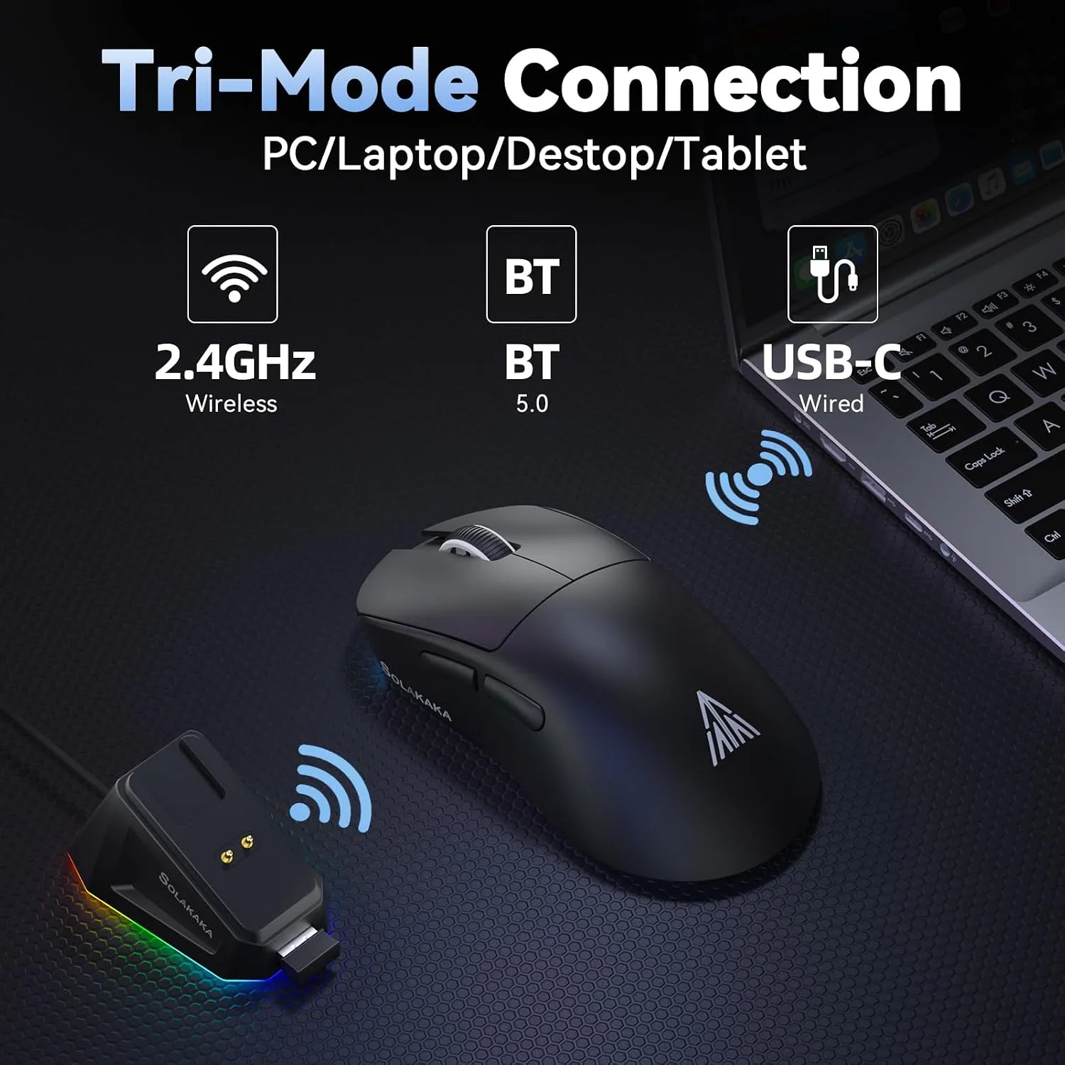 SOLAKAKA SM822 Wireless Gaming Mouse with Charging Dock, Tri-Mode Wireless Mouse, PAW3311 Optical Sensor, Up to 24,000DPI, 62g Lightweight Mouse with 5 programmable Buttons, for PC, Laptop (Black)
