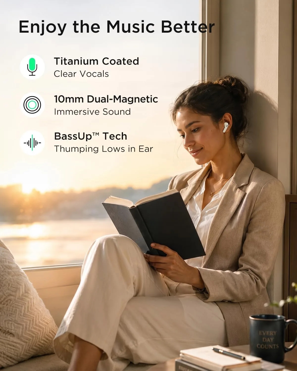 T30 Noise Cancelling Earbuds with Phone Stand, Punchy Bass, 4-Mic, True Wireless Bluetooth 6.0 in Ear Headphones, 28H Playtime, IPX4(Off-White)