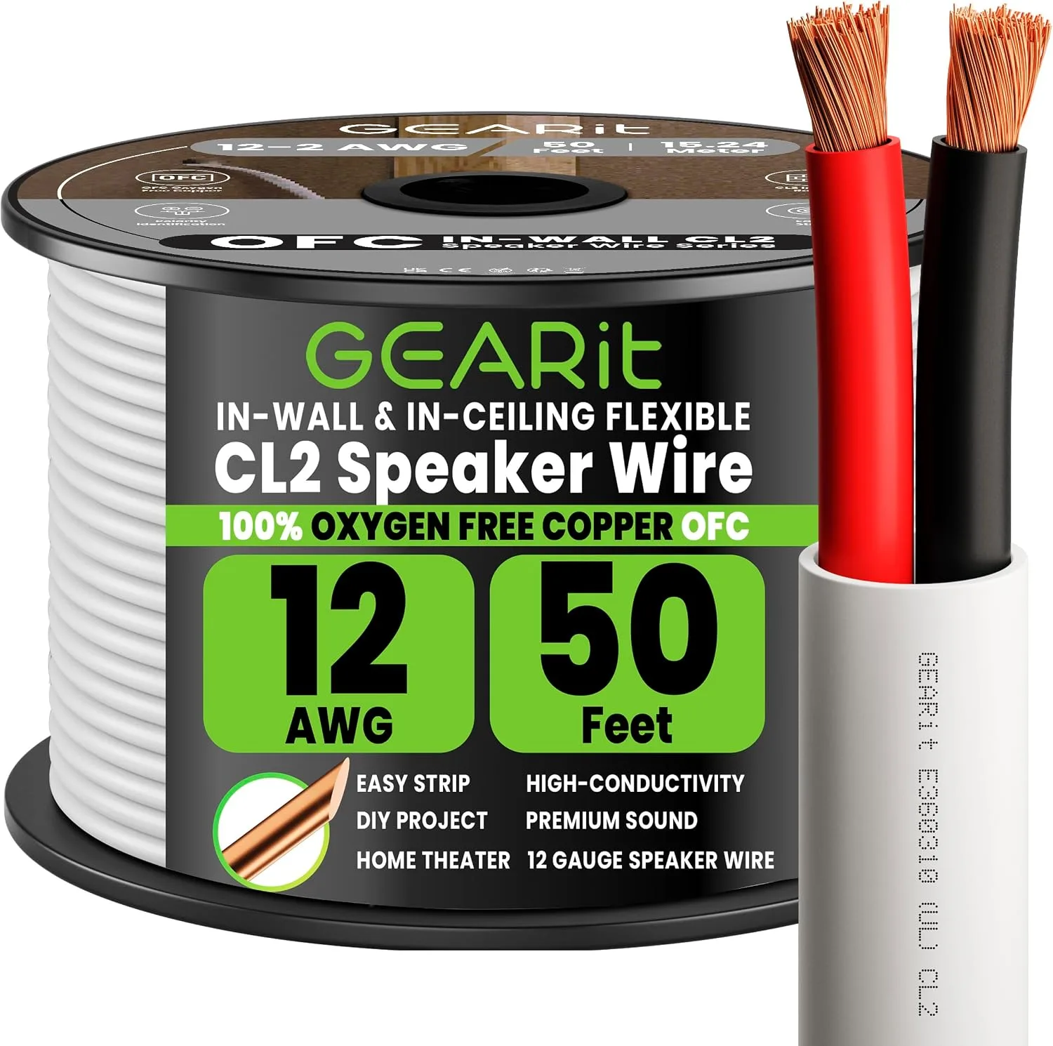 GEARit 12 Gauge Speaker Wire, UL CL2-Rated in Wall OFC Cable, 50FT 12/2