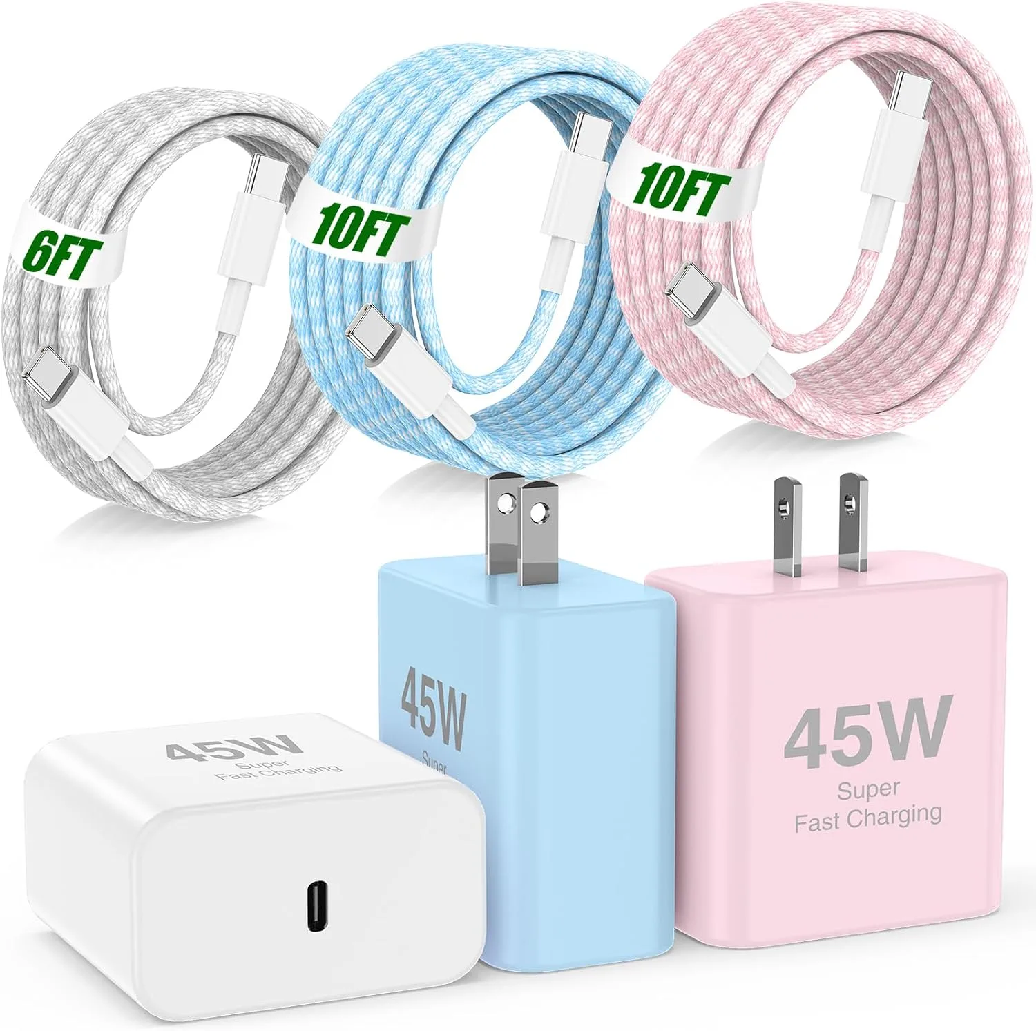iPhone Duo 18 17 16 15 Pro Max Charger Fast Charging,45W USB C iPhone Charger Fast Charging Braided Cable 6/10/10FT Long Type C Chargers Block for iPhone 17 18 Pro Max/15 16 17 Pro/16 15 -Colorful