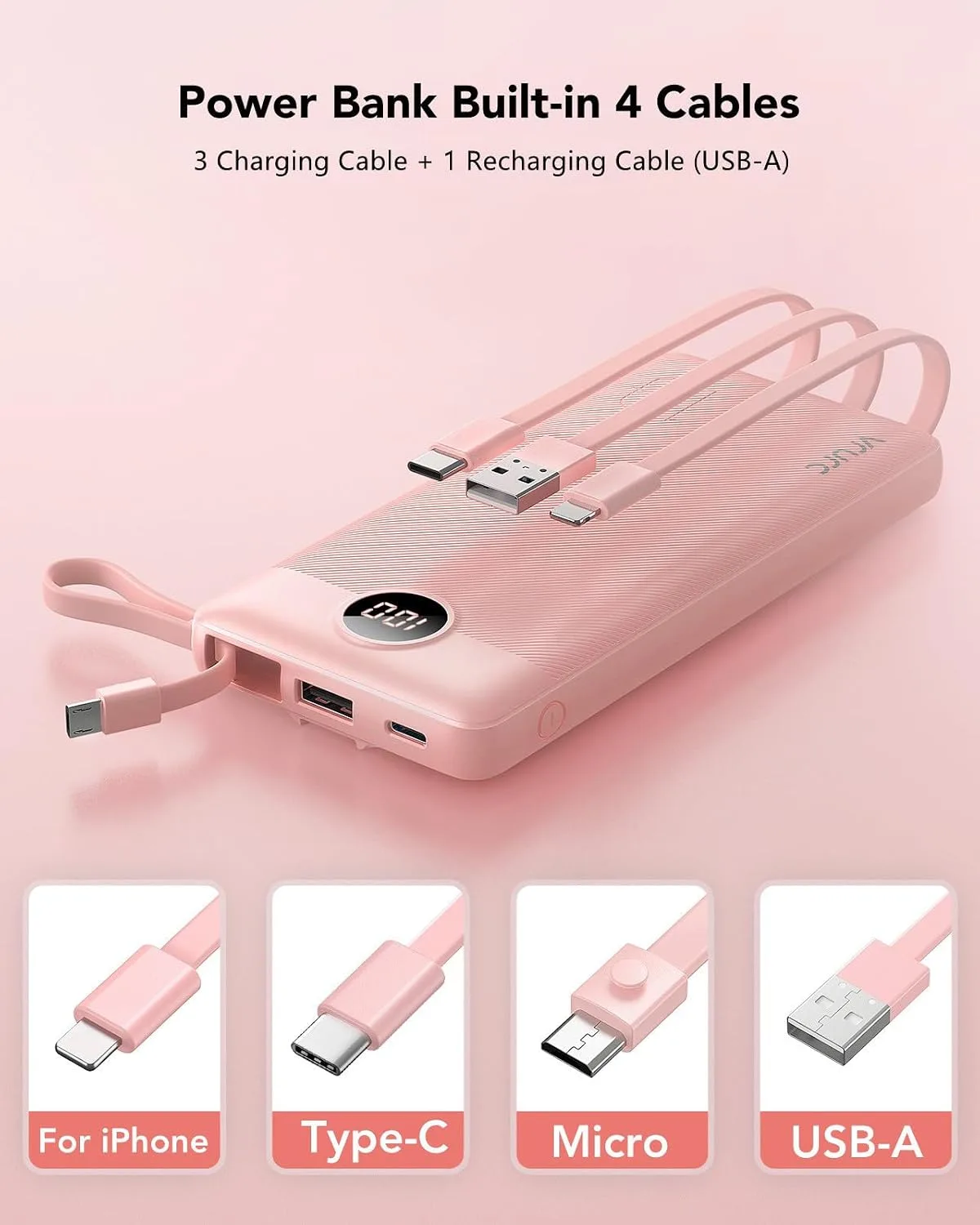 VRURC Portable Charger, Slim Power Bank Built-in 4 Cables, Travel Essential
