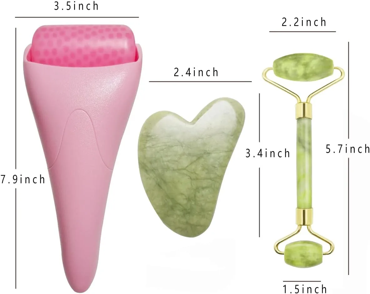 3 in 1 Ficial Face Ice Jade Roller and Gua Sha Tool, Natural Real Jade Anti-Wrinkle Face Eye Neck Massager Tool, Reduce Wrinkles, Puffiness, Migraine, Redness, Pain and Injury，Pink