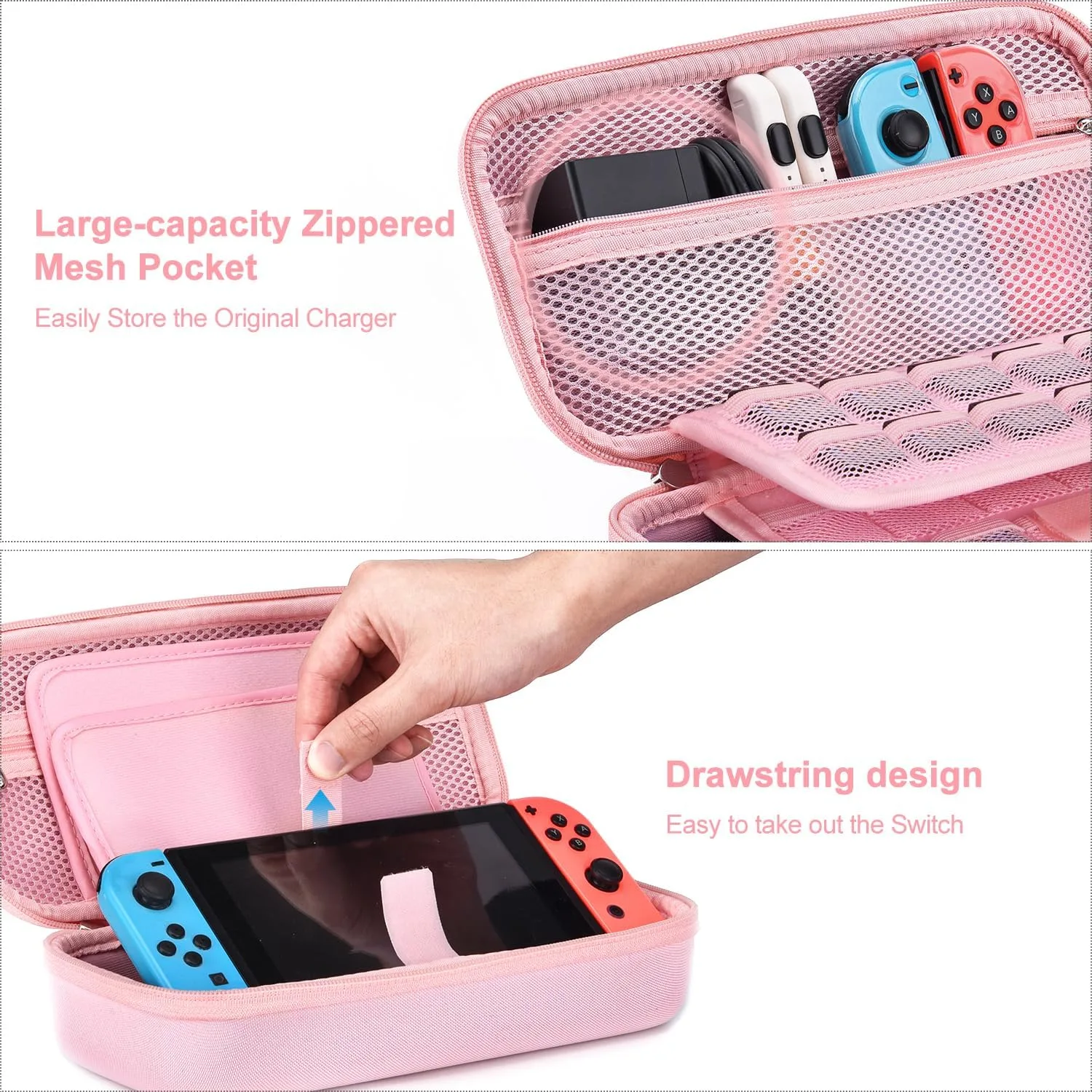 innoAura Switch Case 19-in-1 Bundle for NS Switch (2017), with Carrying Case, Game Organizer, Screen Protector, Stand and Thumb Grips, Pink