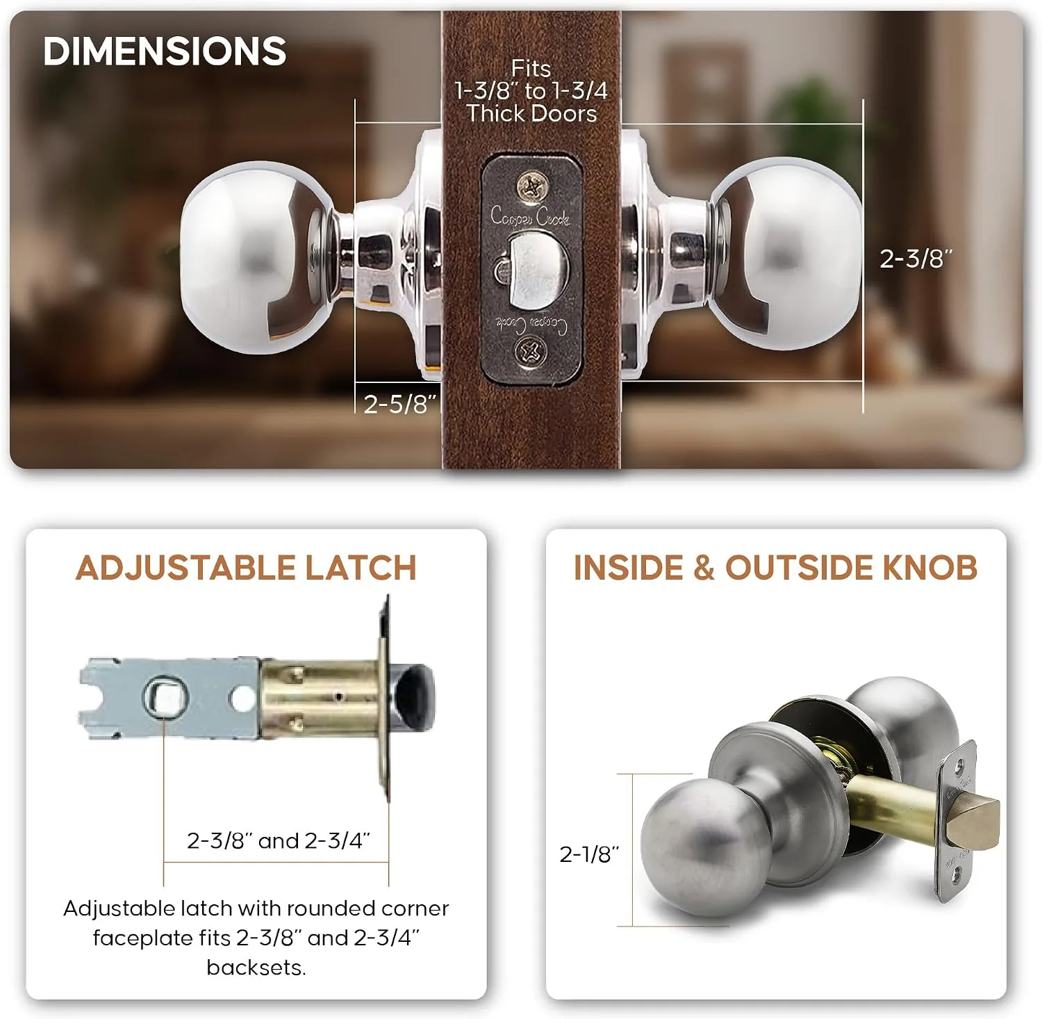 Copper Creek Passage Interior Door Knob – ANSI Grade-3 Certified, Modern Heavy Duty Handle, Easy Install and Reversible for Bedroom, Bathroom & Closets – Satin Stainless (1 Pack)