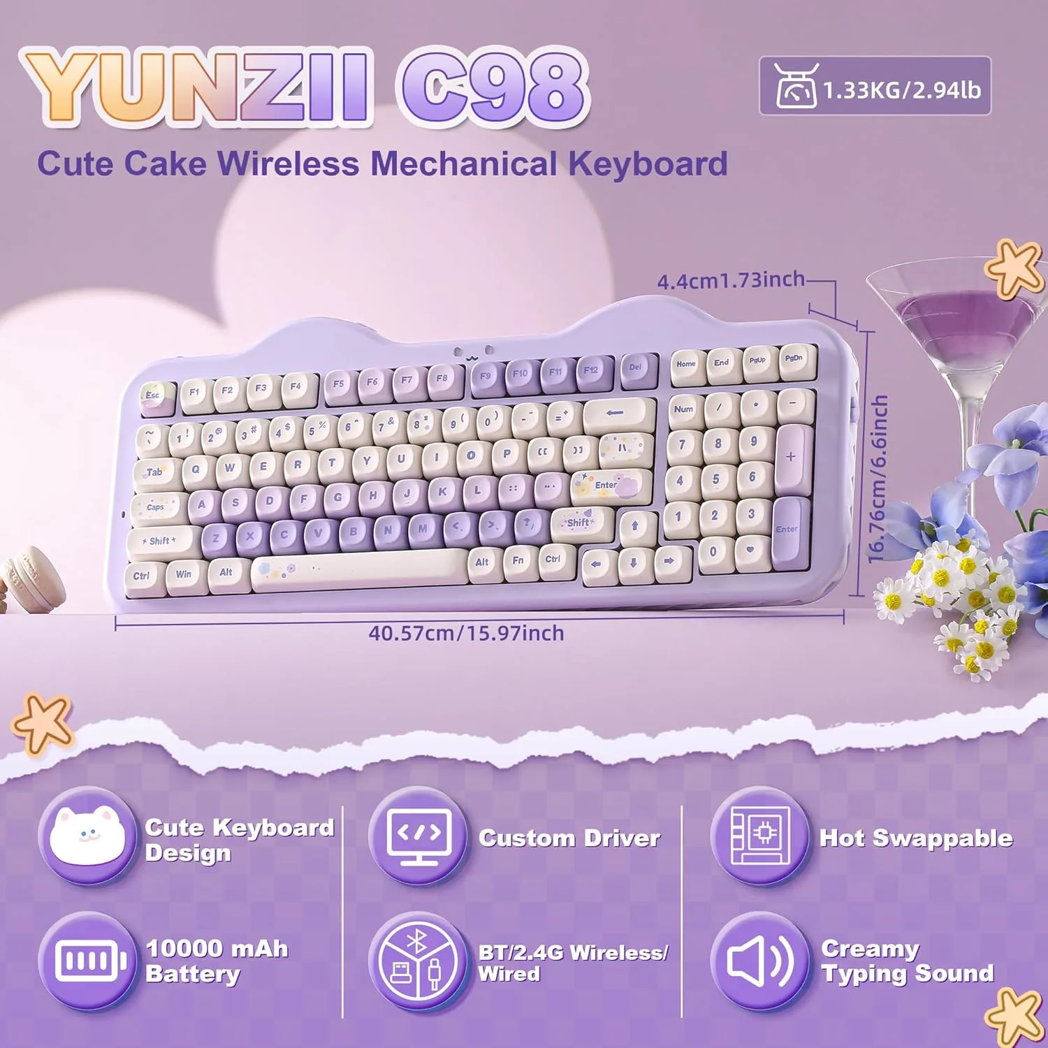 YUNZII C98 Cute Cake Wireless Mechanical Keyboard (Purple, Candy Switch)
