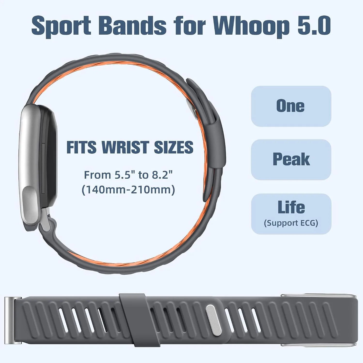 Getino Sport Band Compatible with Whoop 5.0 Bands One, Peak, Life MG, Breathable Waterproof Soft Silicone Adjustable Replacement Accessories Strap for Whoop Band 5.0 Women Men, Gray/Orange