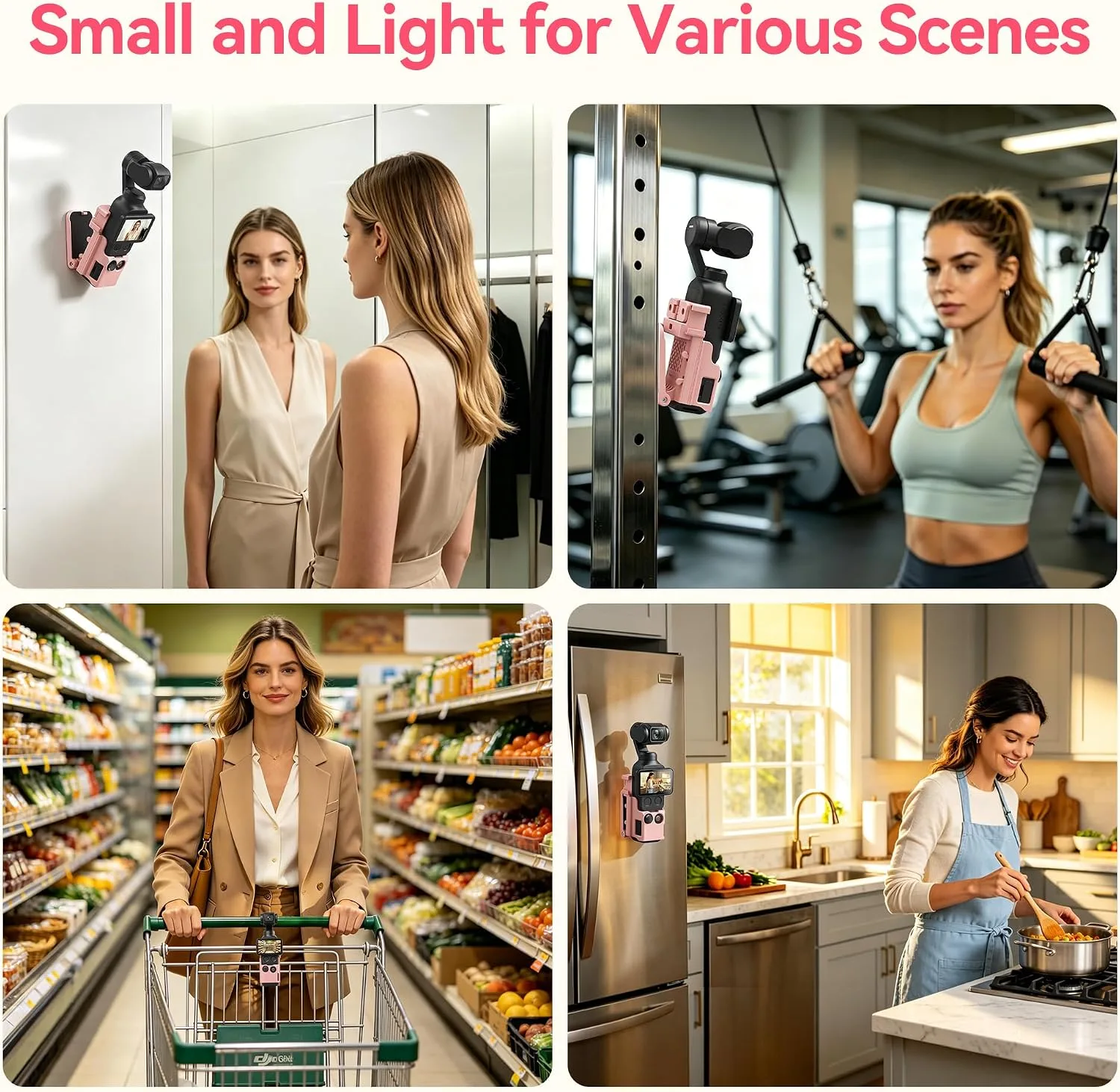 AMAZEAR Magnetic Mount Stand Compatible with DJI Osmo Pocket 4P/4/3/Xtra Muse, Pocket4 Accessories Adapter Clamp Magnet Suction Case Holder on Desktop/Vertical Surface, 180° Adjust Handle, Lightpink
