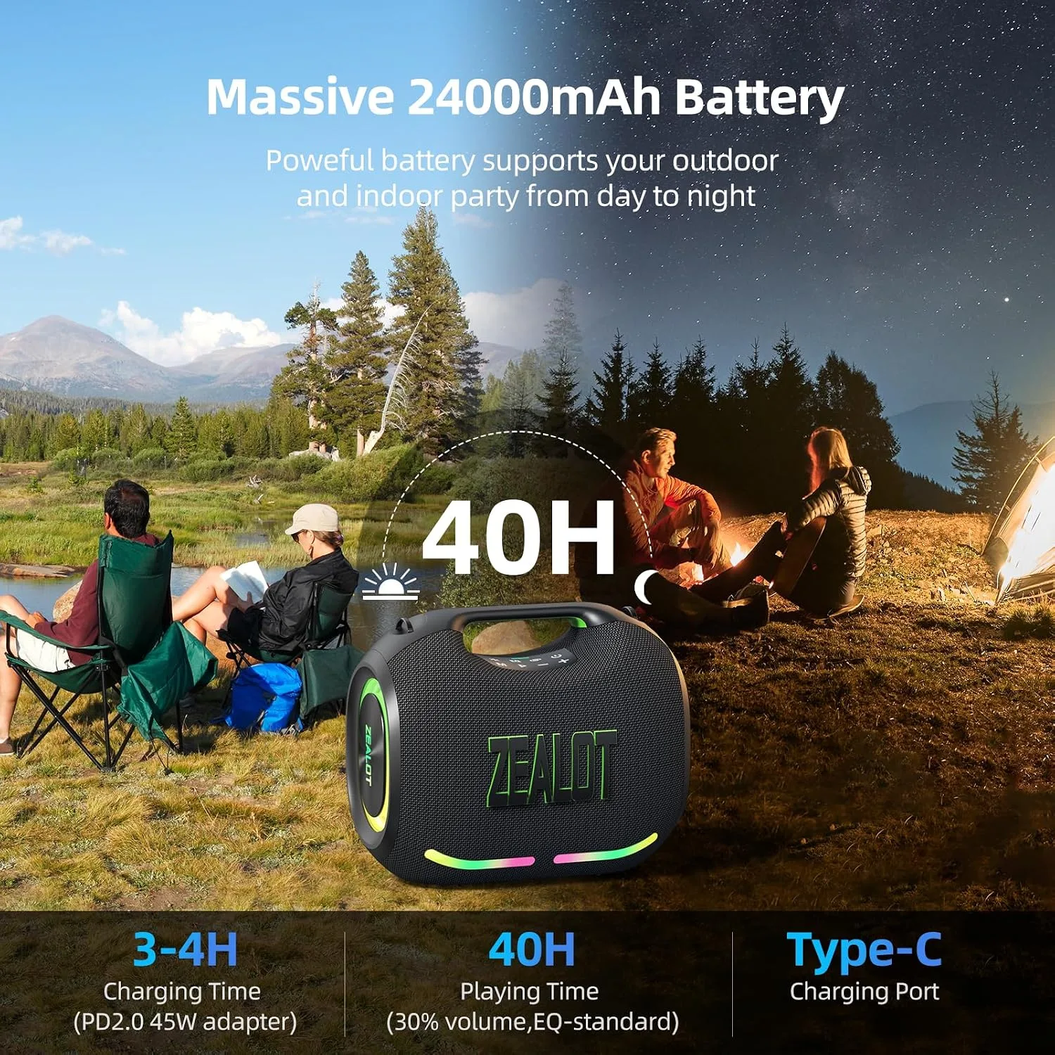 ZEALOT Loud Portable Bluetooth Speaker, 180W Peak Wireless with LED Light