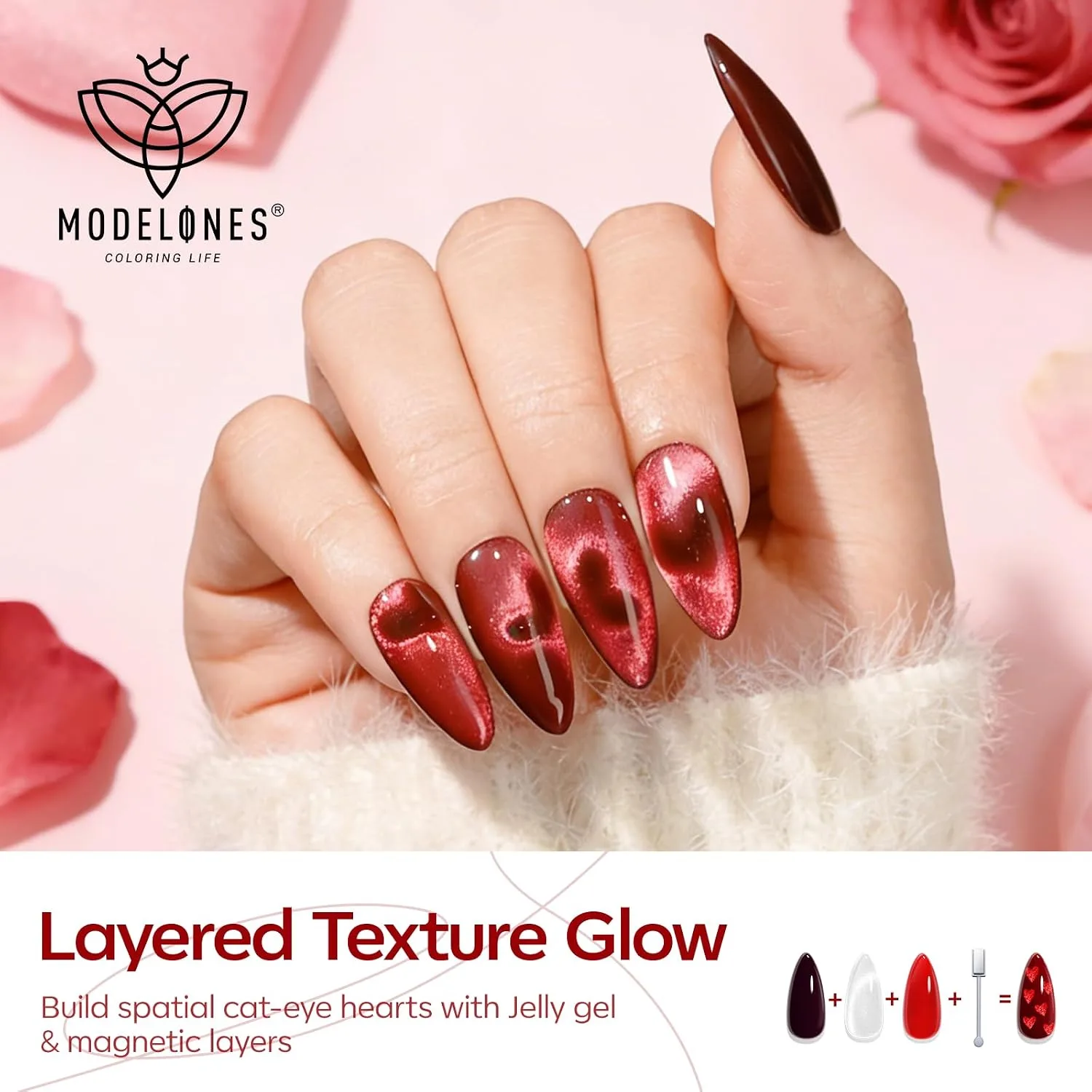 modelones Cat Eye Gel Nail Polish Set Jelly Glitter 6Colors Burgundy Red