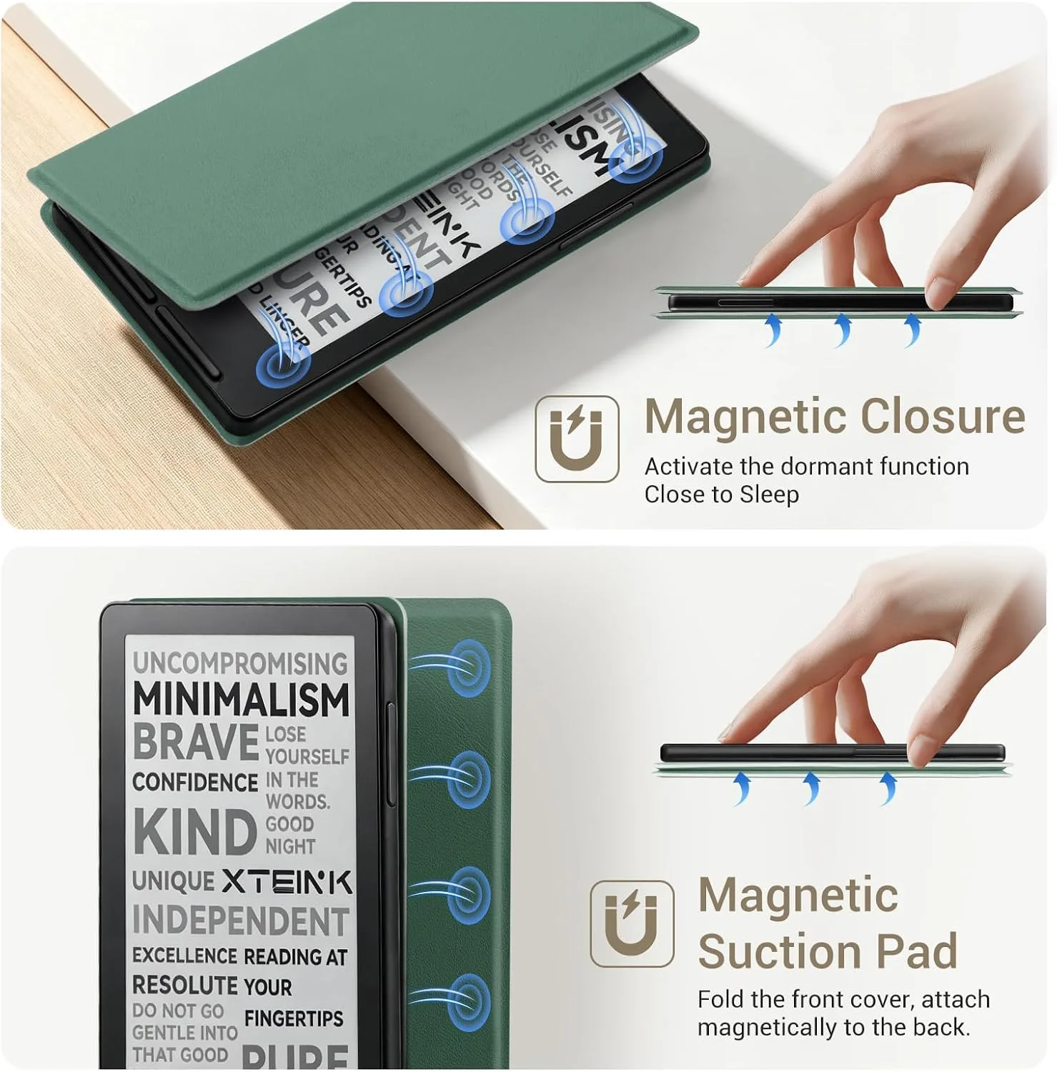 CoBak Magnetic Case for XTEINK X3 eBook Reader, 3.7" Ultra-Lightweight PU Leather Cover(Dark Green)