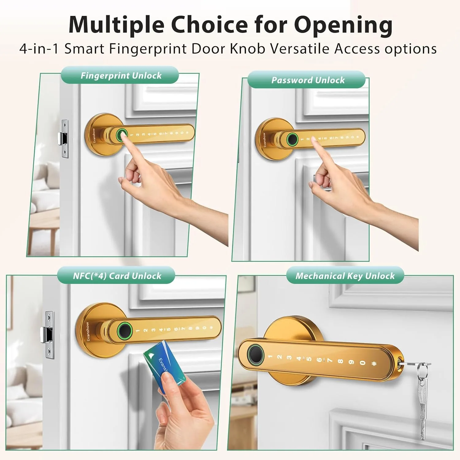 Fingerprint Door Lock Biometric Door Knob with Keypad Keyless Entry, Door Locks for Bedrooms, Home Hotel Office Apartment Gold