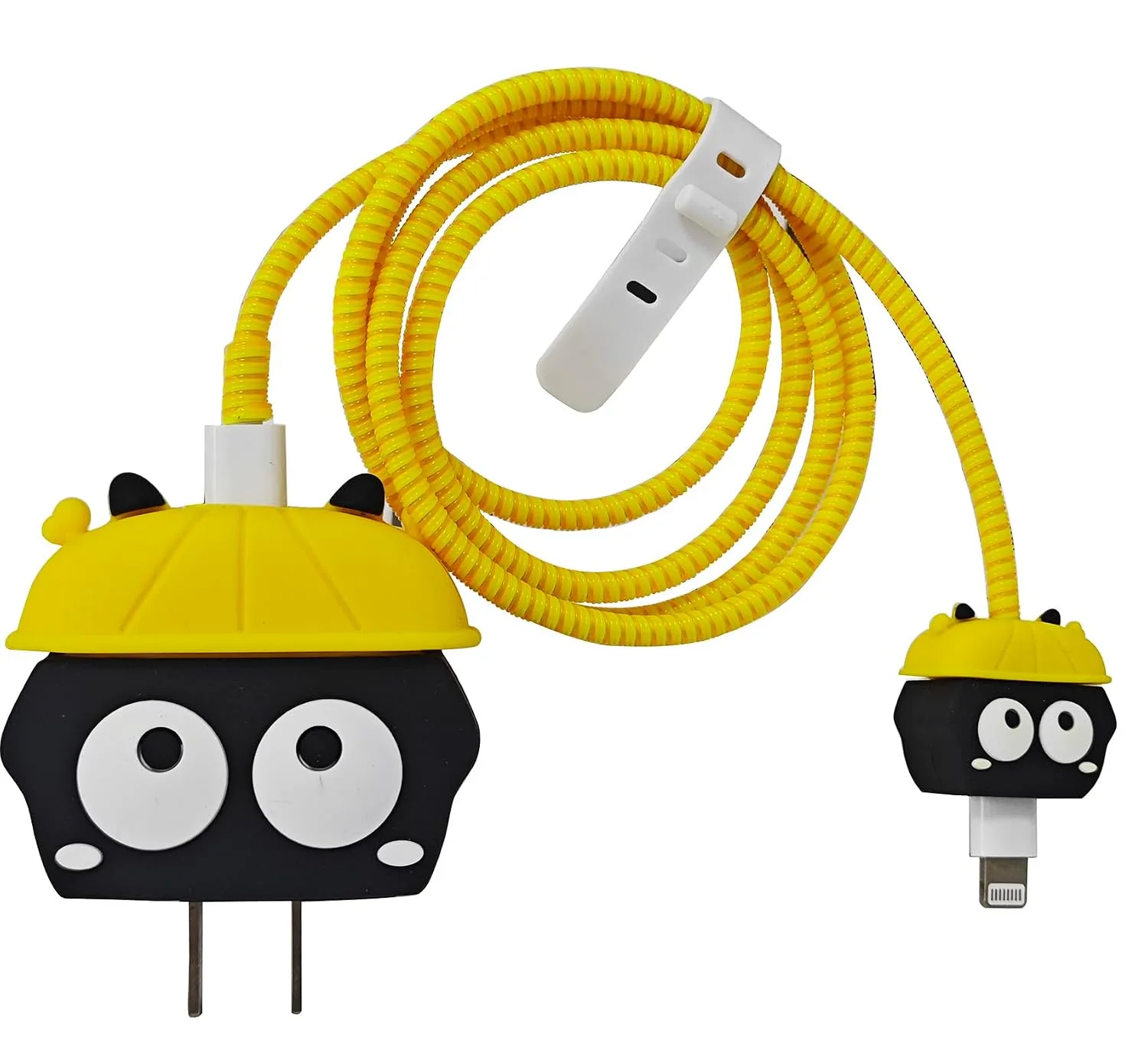 Compatible with iPhone 18W/20W USB-C Charger Protector Cover, 3D Cute Cartoon Charger Case for Apple iPhone 20W USB-C Power Adapter and Lightning Cable Protective Wire Saver (Yellow Hat Black)