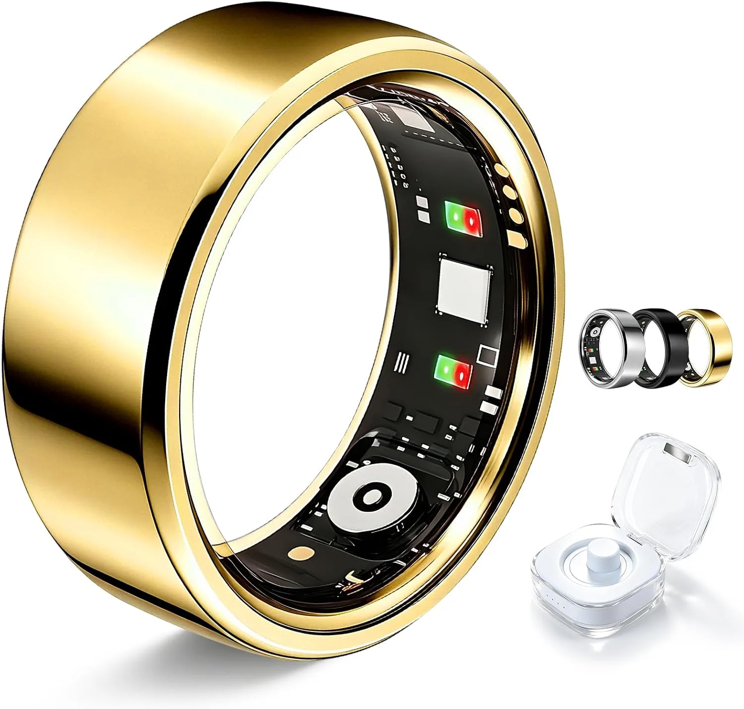 Smart Ring for Women Men Fitness Tracker Heart Rate Sleep Trends 128 Sports Modes Gesture Control Cycle Tracking IP68 Waterproof No Subscription Compatible with iPhone Android (Gold, Size 9)