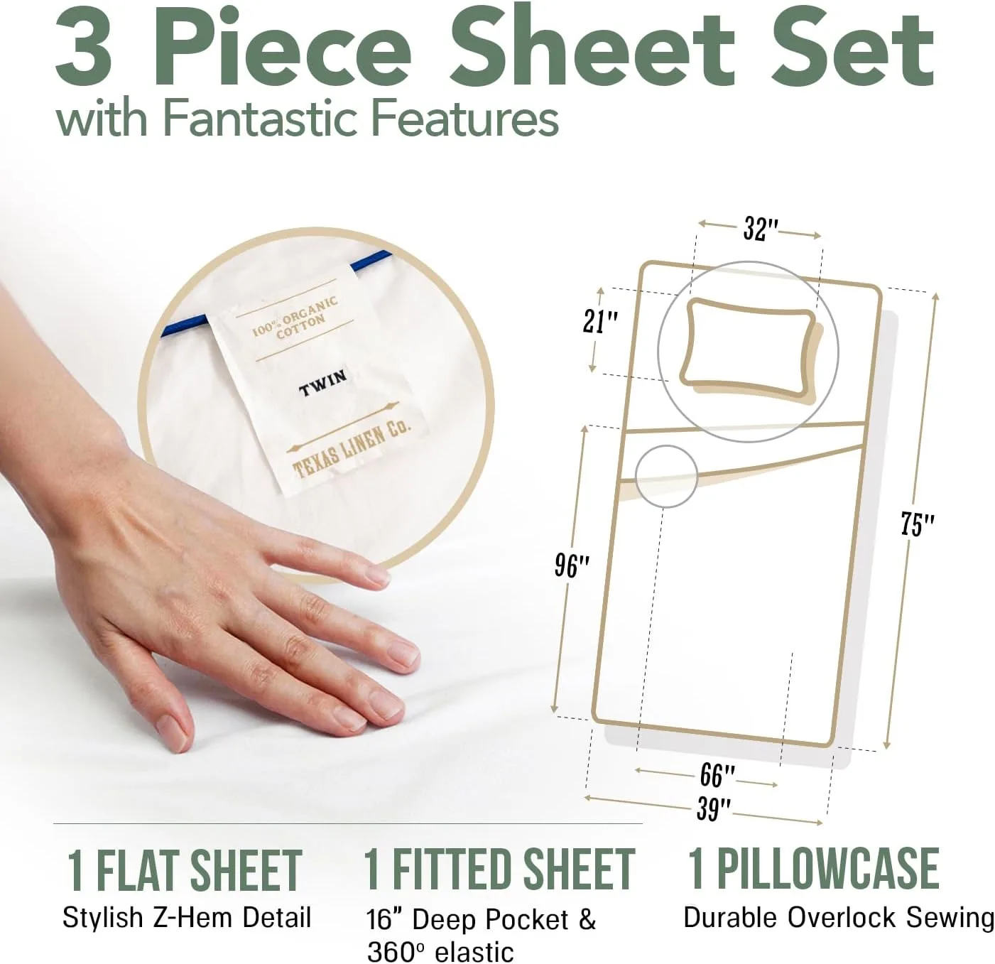 TEXAS LINEN CO. 100% Organic Cotton Sheets Twin Size - 3 PC Organic Cotton Percale Printed Sheets Twin Set (Floral Ivory), Soft, Cooling Bedsheets, 16" Deep Pocket Hotel Bedding - GOTS Certified