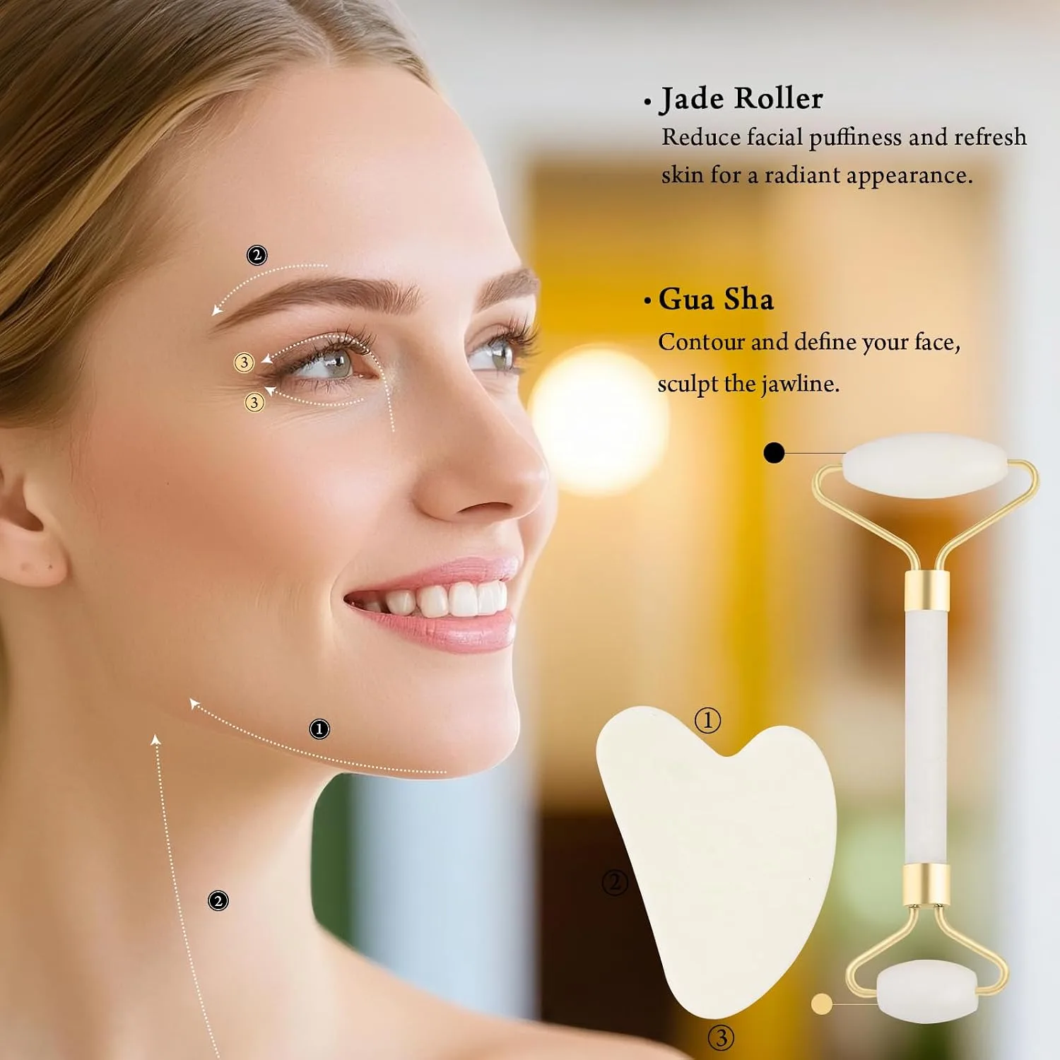 Real Perfection Gua Sha Facial Tools Face Roller for Wrinkles Jade Roller and Gua Sha Set, Scrubber Pore Brush Headband Skin Care Tools for Travel Skincare Routine Massaging Reducing Puffiness - White