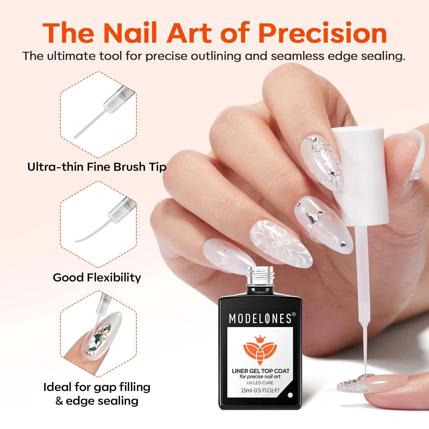 modelones Clear Liner Gel Top Coat Nail Polish for Fine Designs, No Wipe
