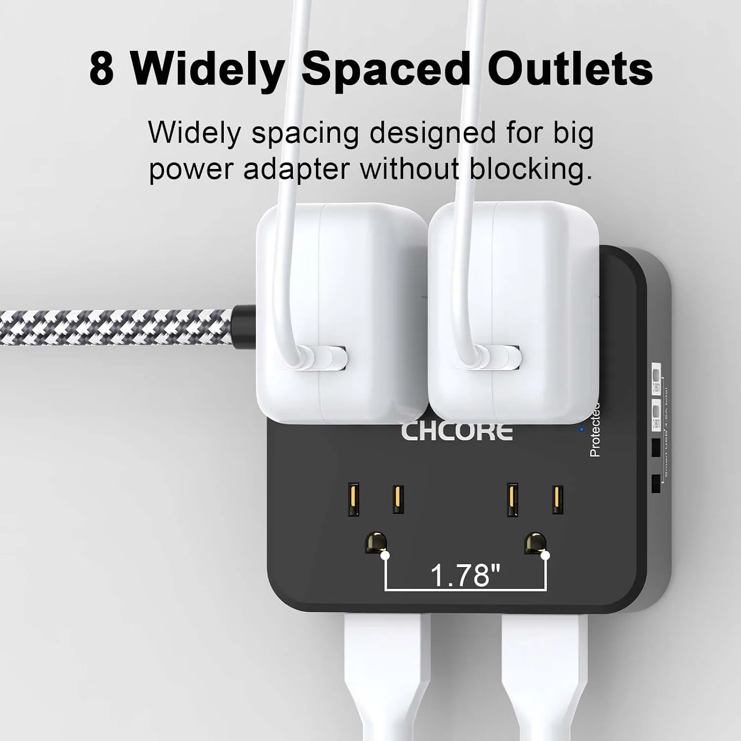 Surge Protector Power Strip - CHCORE 5Ft Braided Extension Cord with 8 Outlets with 4 USB (2 USB C) Charging Ports, Flat Plug Multi Plug Outlet Extender Charging Station for Home Office, ETL, Black
