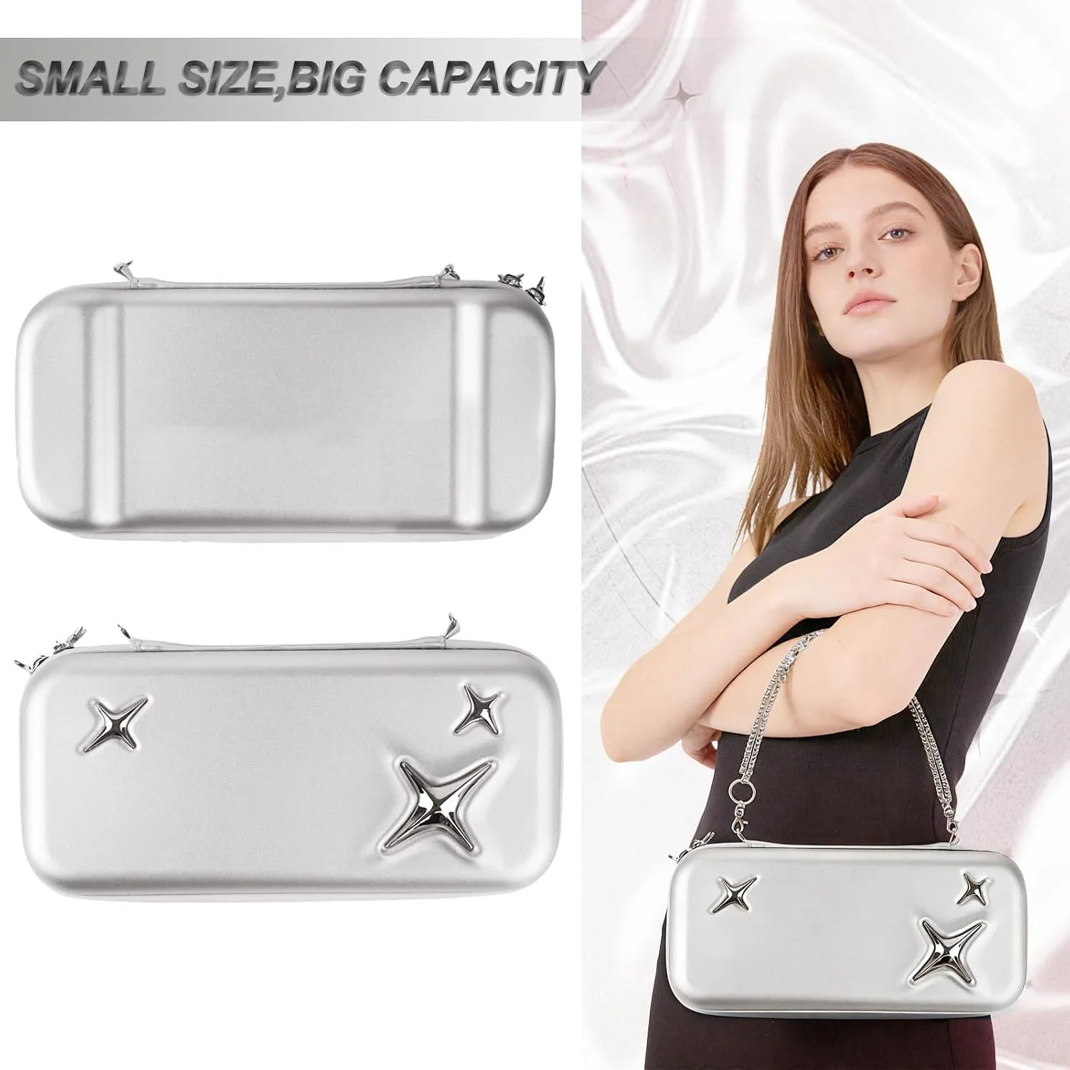 VirgoCCY Y2K Silver Carrying Case Set for Nintendo Switch 2 2025, with Y2K Silver Chain Strap, Handle Strap, Cute Charms Travel Cases Portable Storage Protective Hard Shell for Girls Girly