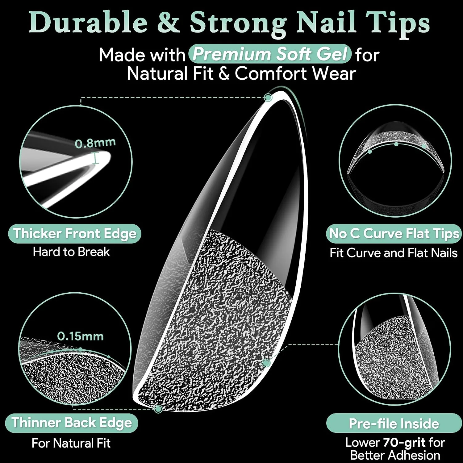 Leykosh Medium Round Nail Tips, 15 Sizes 330 PCS Clear Gel Tips