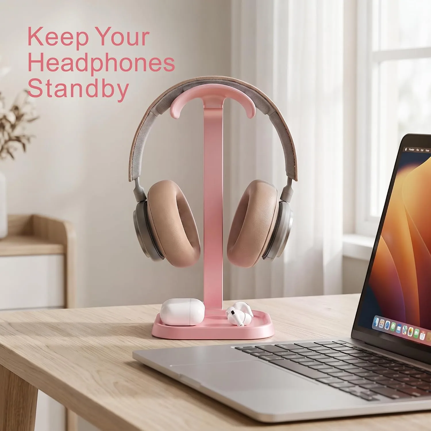 Headphone Stand, Desktop Gaming Headset Holder with Storage Tray (Pink)
