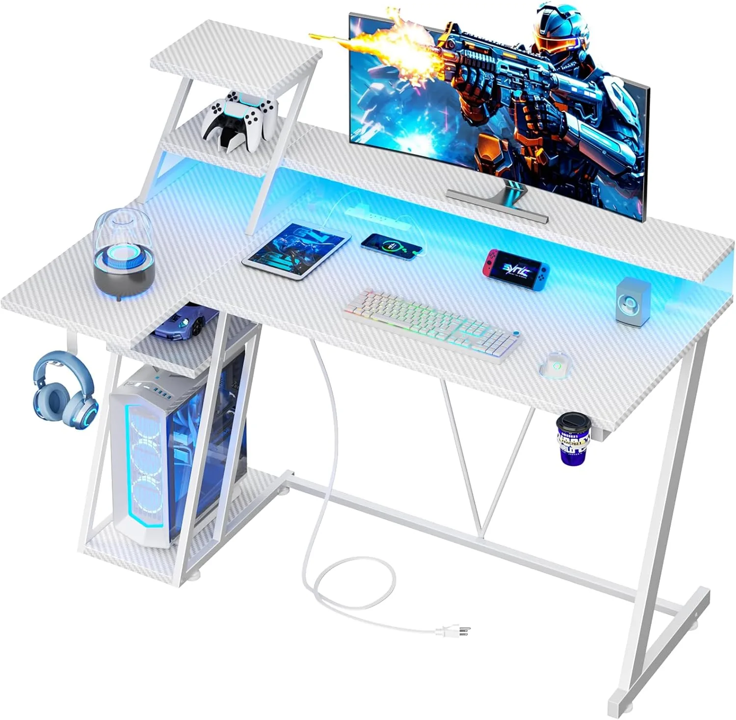 Korfile 47 Inch Gaming Desk with LED & Power Outlet, Carbon Fiber White