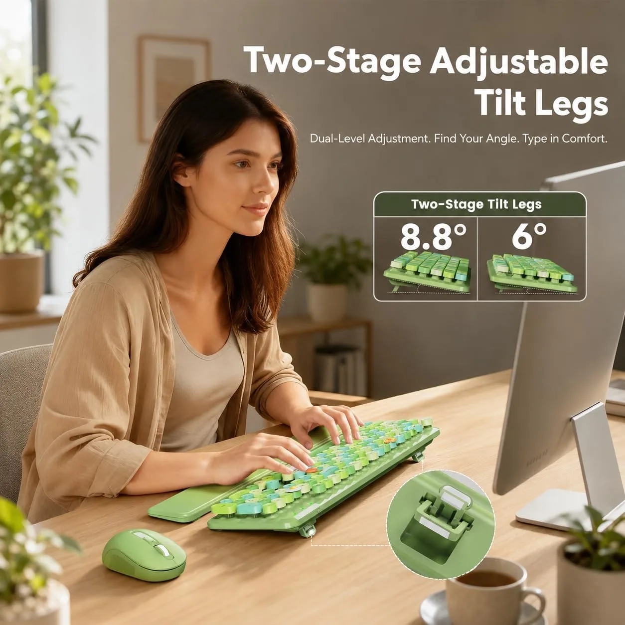 Wireless Keyboard and Mouse Combo, Round Keycap, Magnetic Wrist Rest, Green