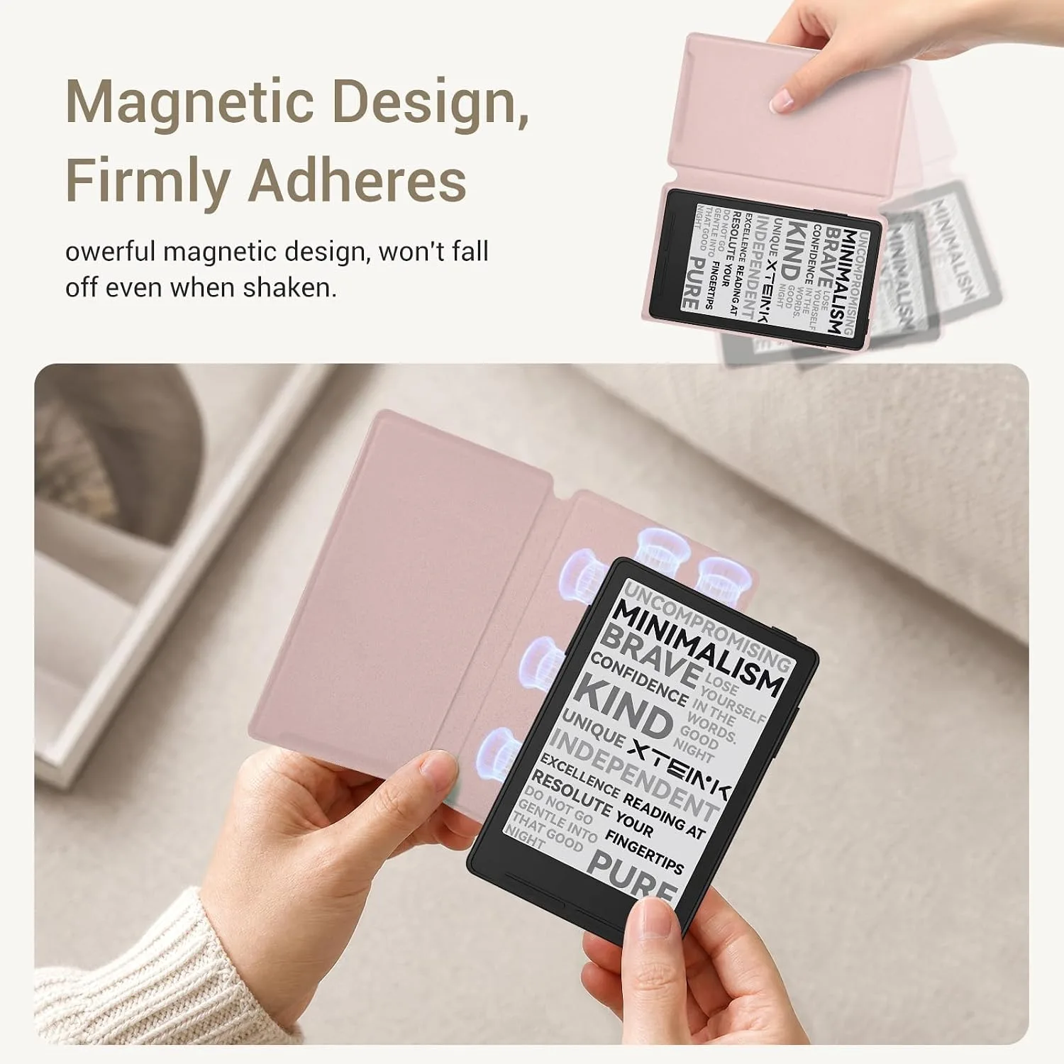 CoBak Magnetic Case for XTEINK X3 eBook Reader, 3.7" Ultra-Lightweight PU Leather Cover(Pink)