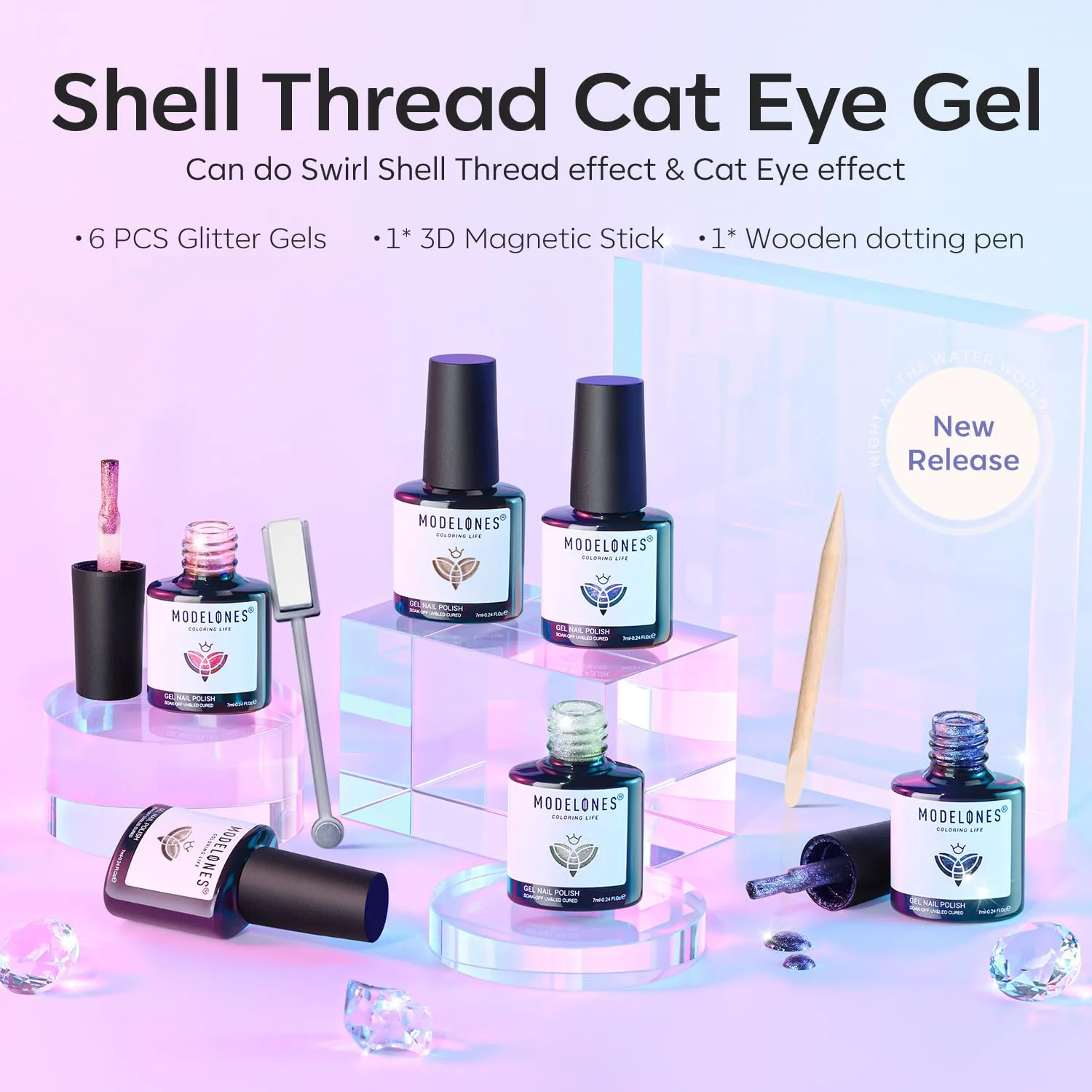 modelones Cat Eye Gel Nail Polish, 6 Colors Pearl Magnetic Swirl Shell Set