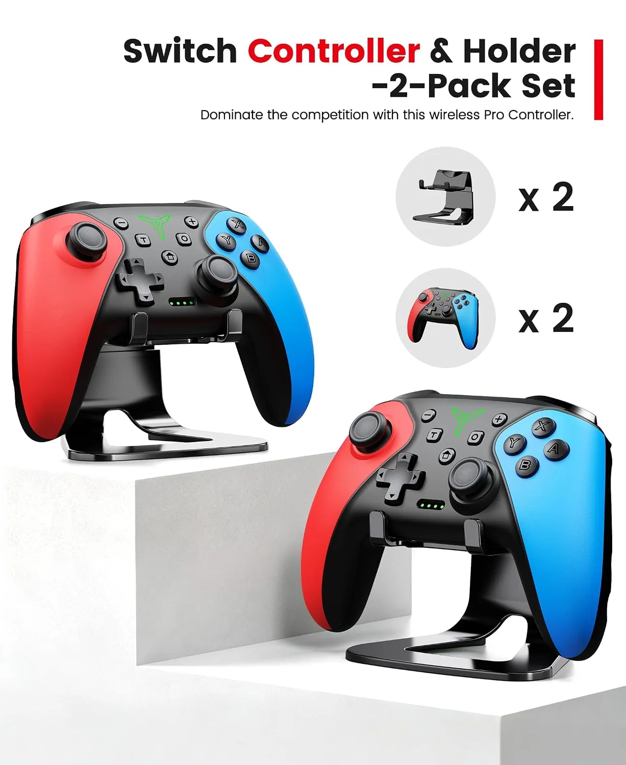 Switch Controller 2-Pack, Wireless Pro Controller for Switch2/Switch/Lite/OLED, Bluetooth Gamepad with Programmable Back Buttons, Turbo, Vibration, Gyro, Compatible with iOS/Android/PC, Includes 2 Stands