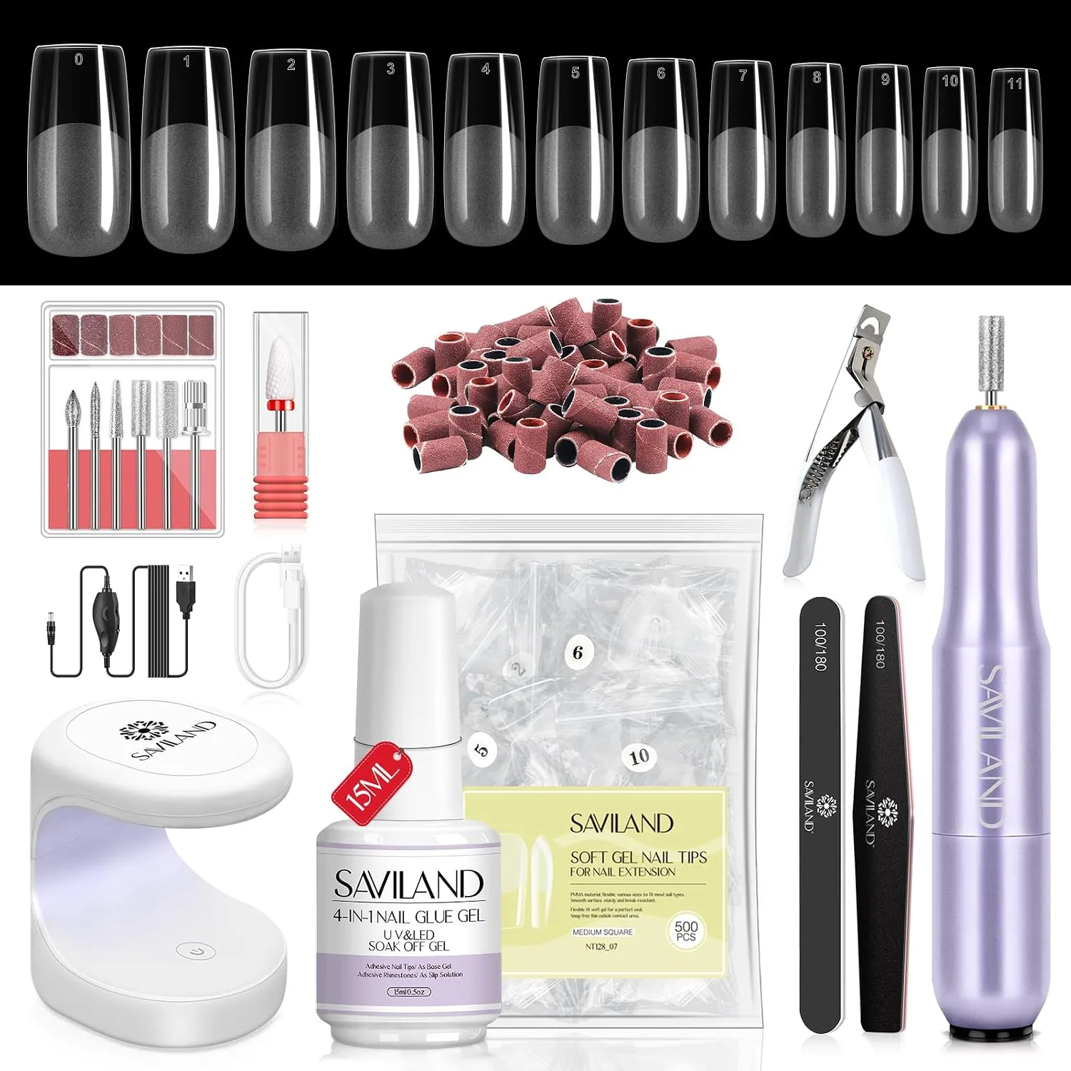SAVILAND Medium Square Soft Gel Nail Tips Kit, 500 PCS, Drill and U V Lamp