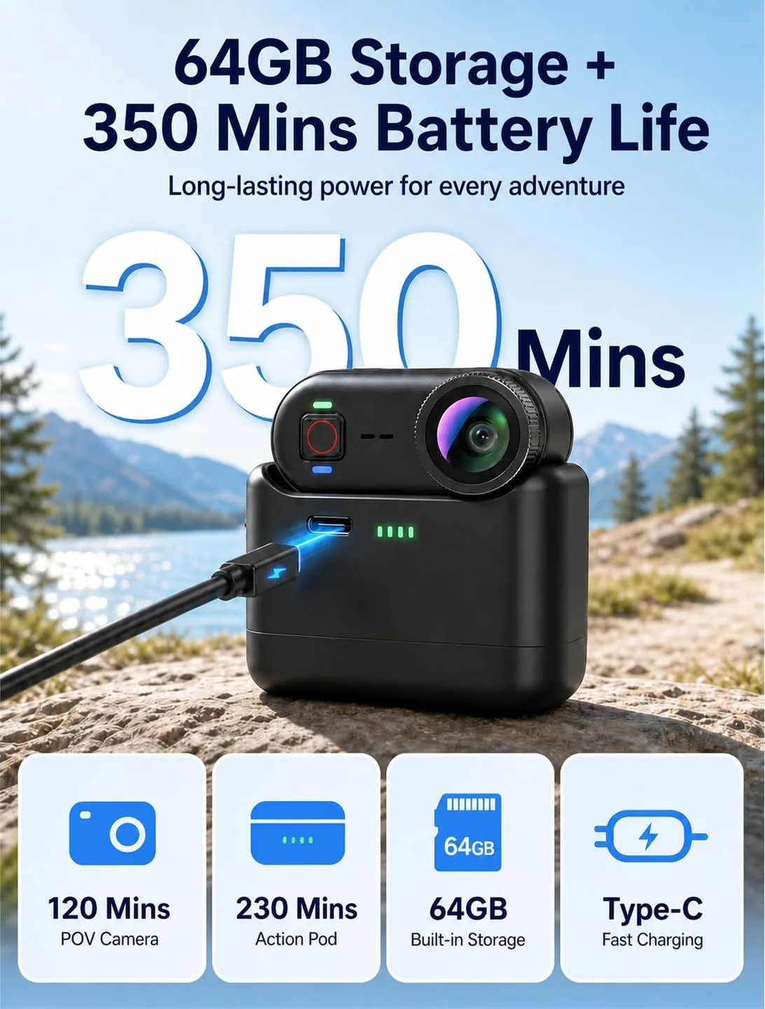 4K Waterproof Mini Action Camera, 64GB WiFi POV Video Wearable Body Camera