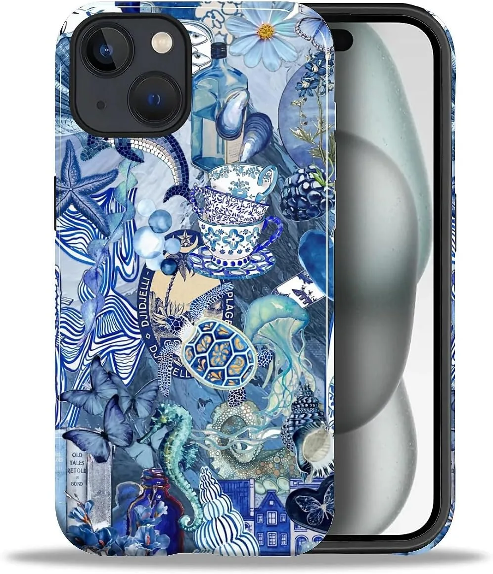 DAIZAG Case for iPhone 15,Mixed 2 Layer Design Shockproof Soft TPU Ddouble Protection Phone Case for iPhone 15-Blue Book Sea Life World